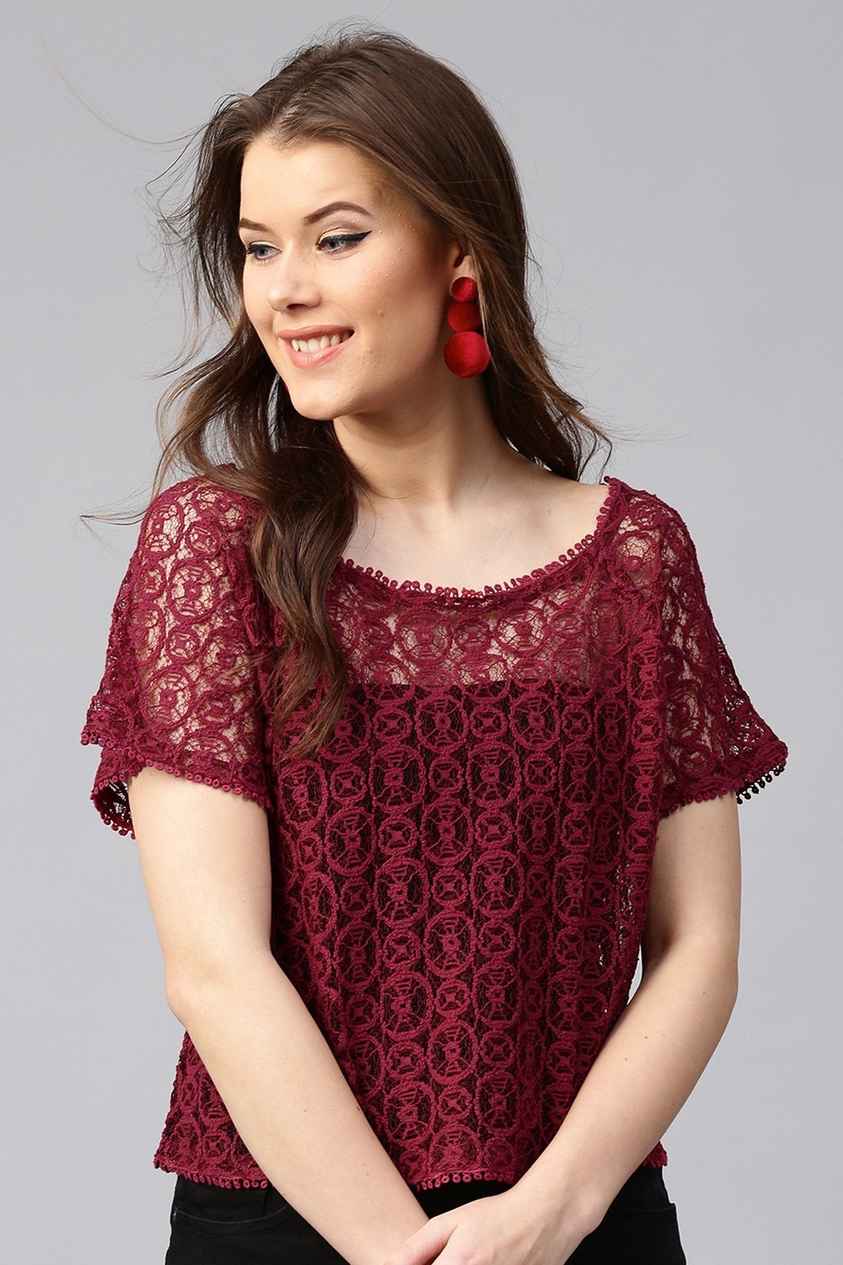 Women's Maroon All-Over Lace Top - SASSAFRAS