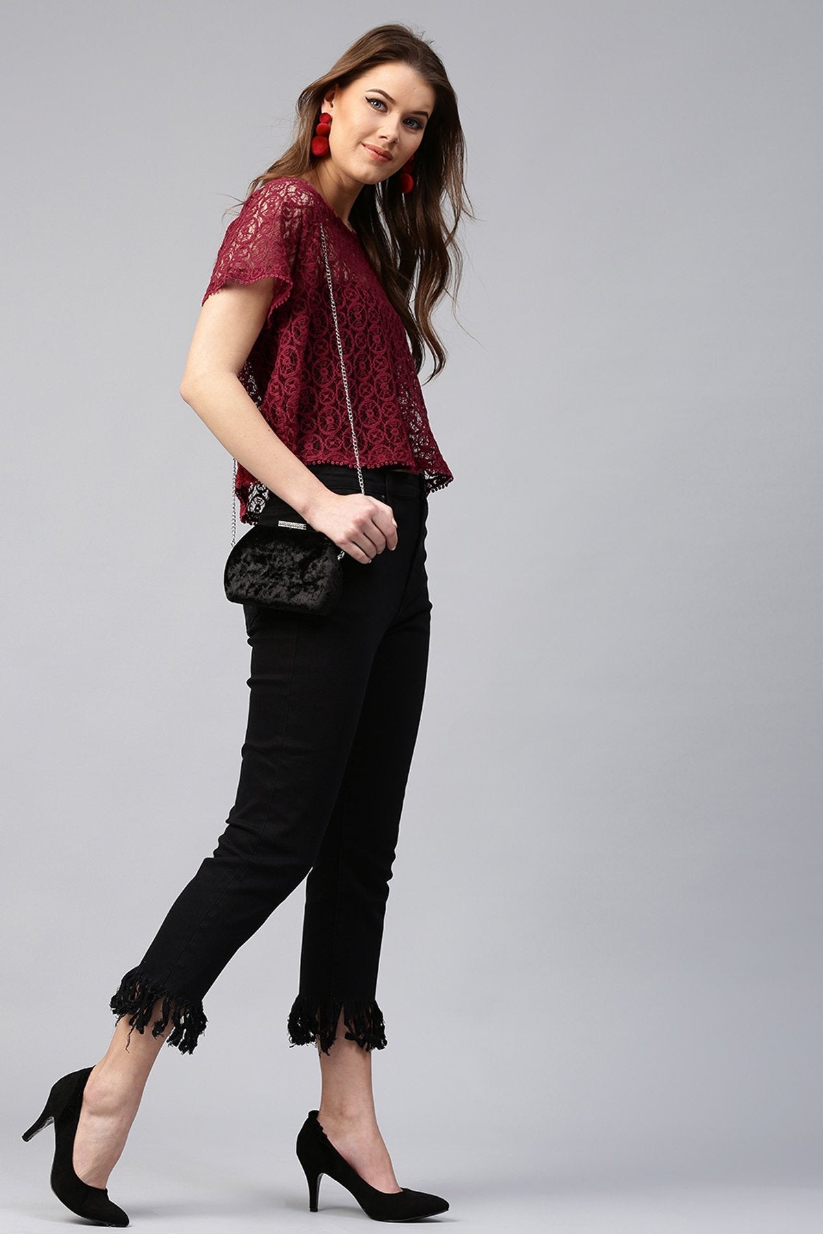 Women's Maroon All-Over Lace Top - SASSAFRAS