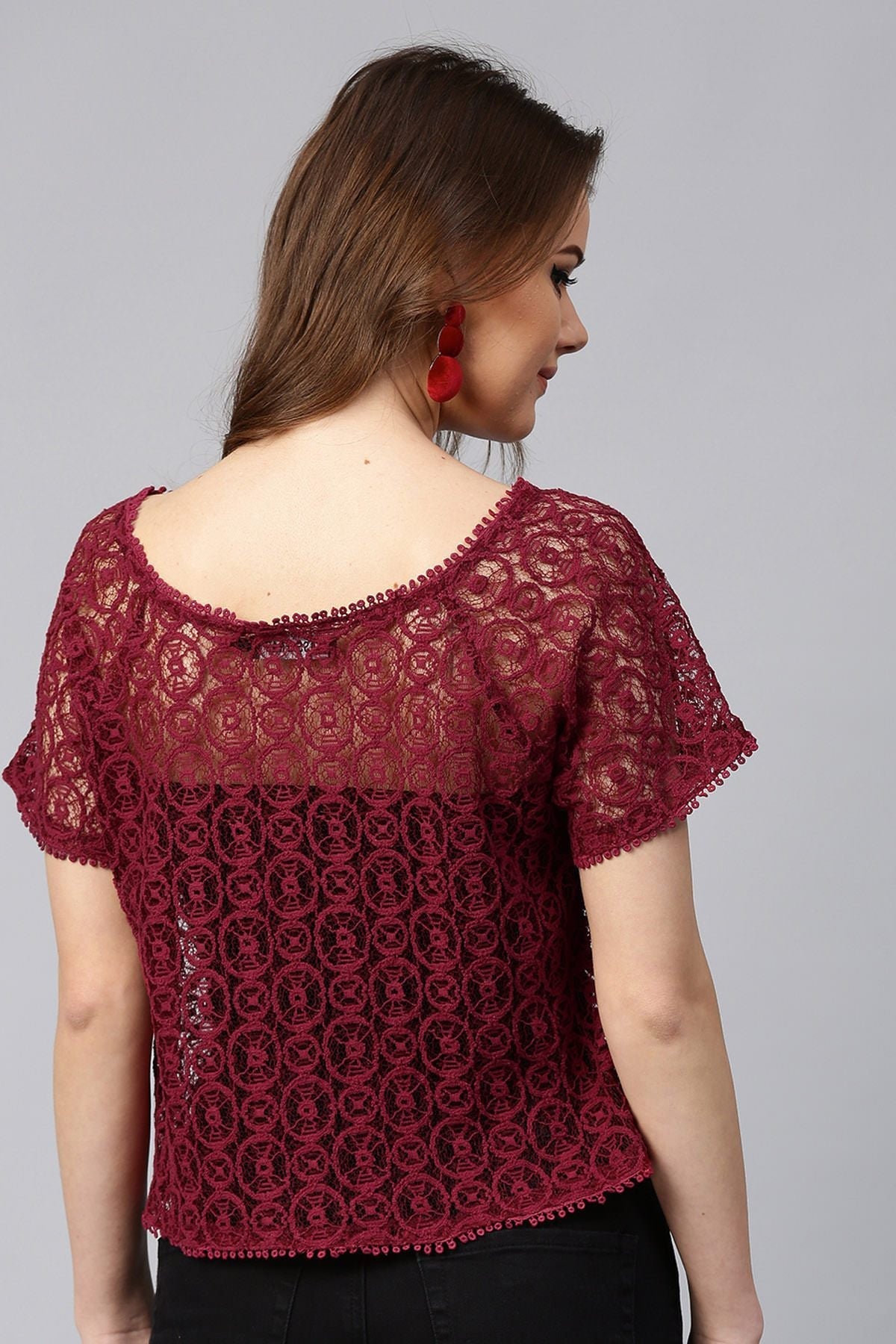 Women's Maroon All-Over Lace Top - SASSAFRAS