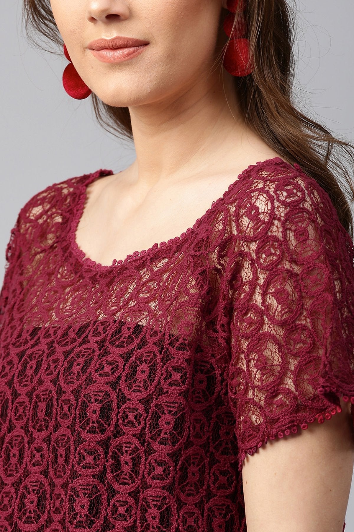 Women's Maroon All-Over Lace Top - SASSAFRAS