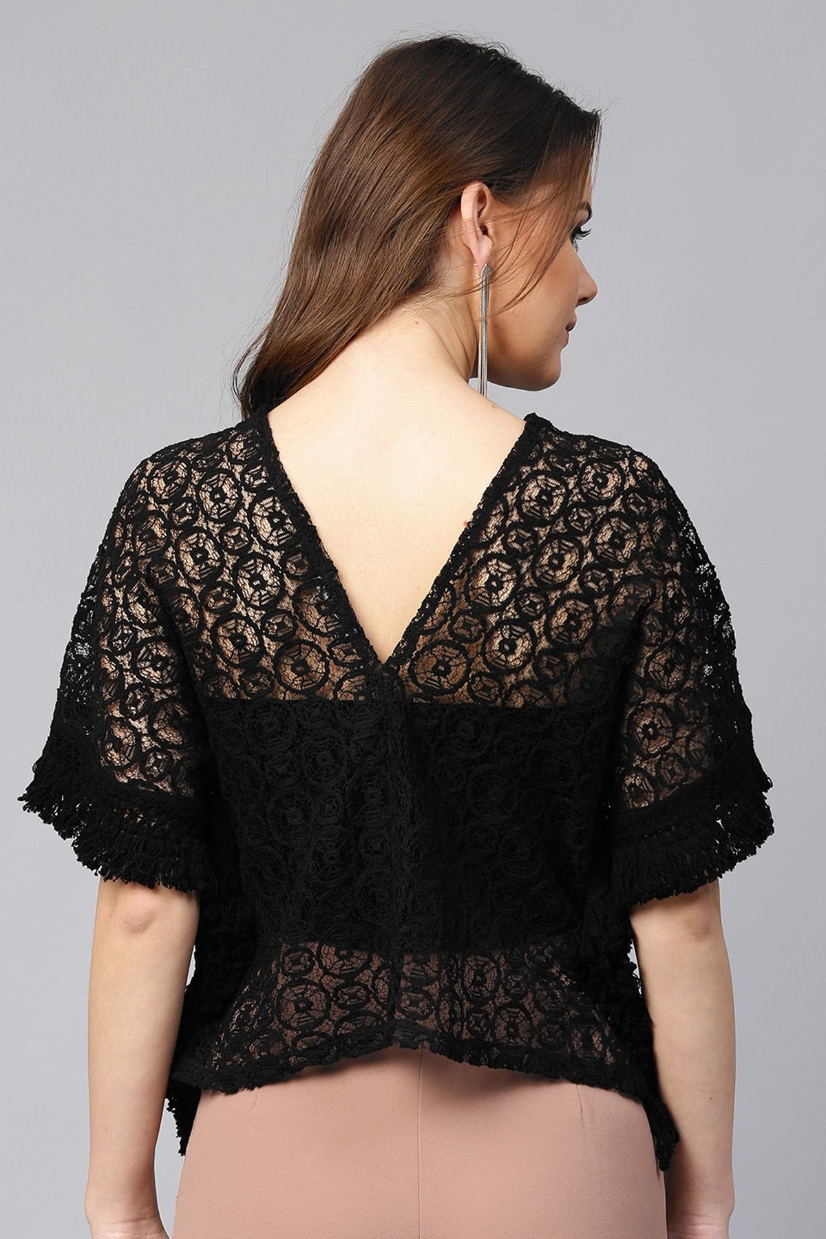 Women's Black Kimono Lace Crop Top - SASSAFRAS