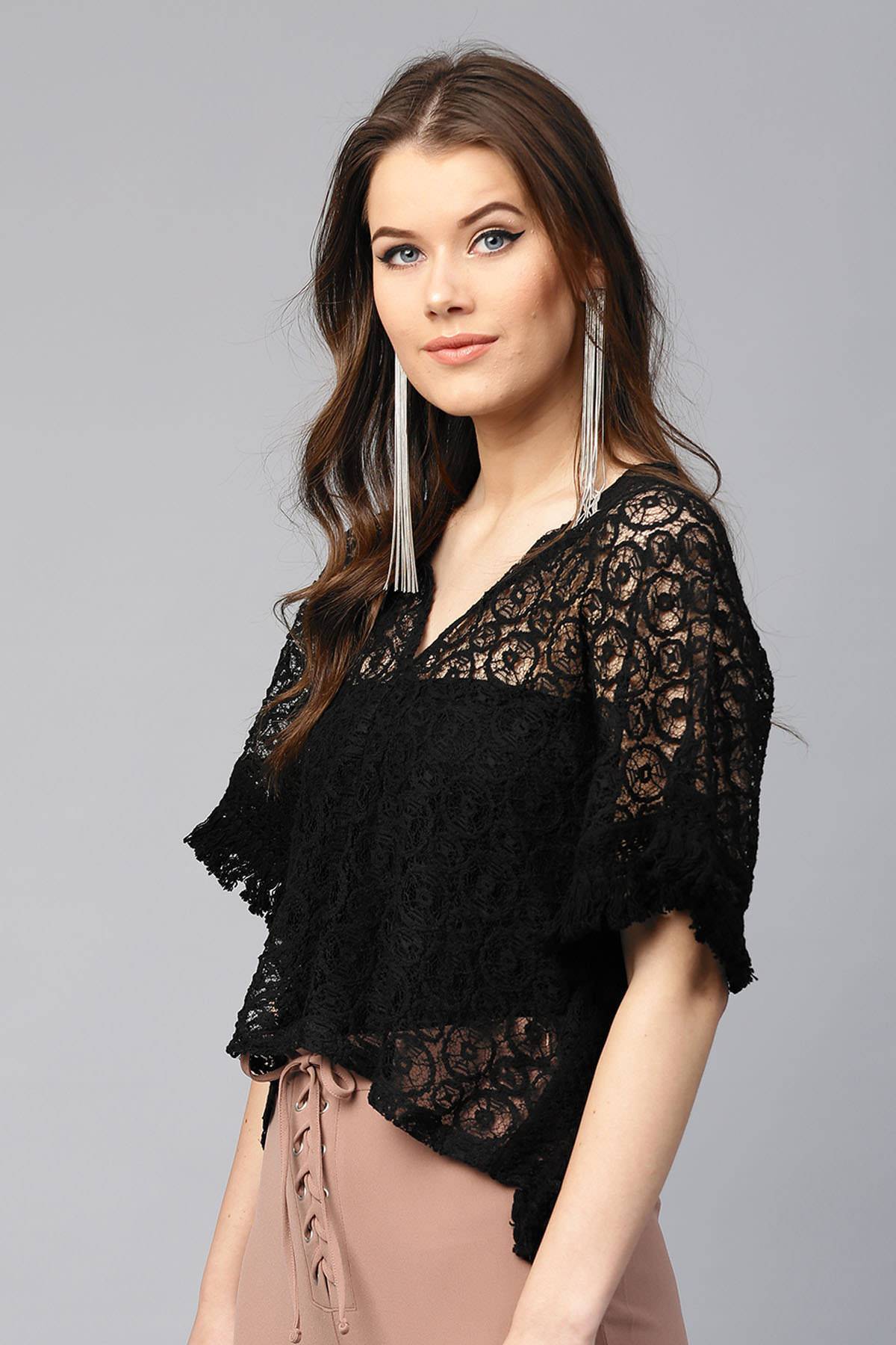 Women's Black Kimono Lace Crop Top - SASSAFRAS