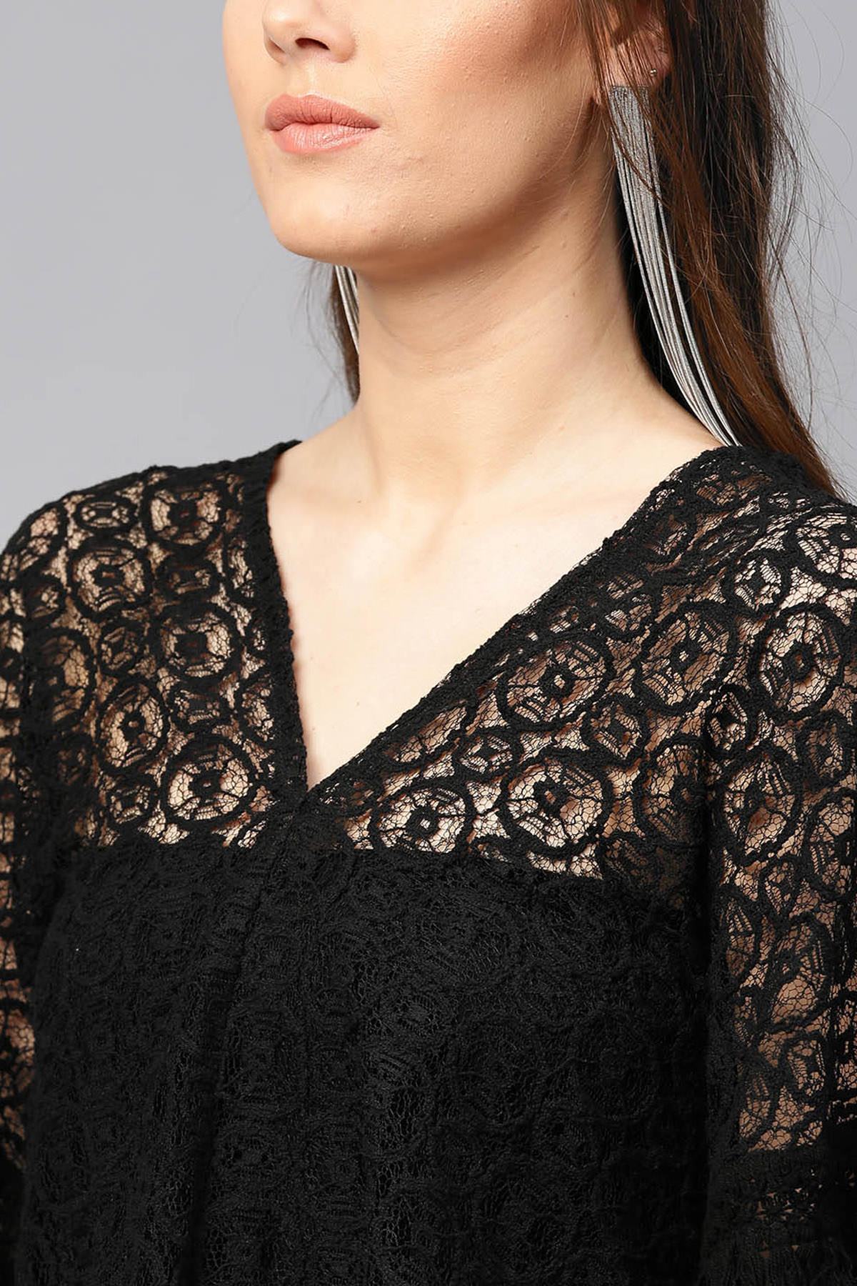 Women's Black Kimono Lace Crop Top - SASSAFRAS