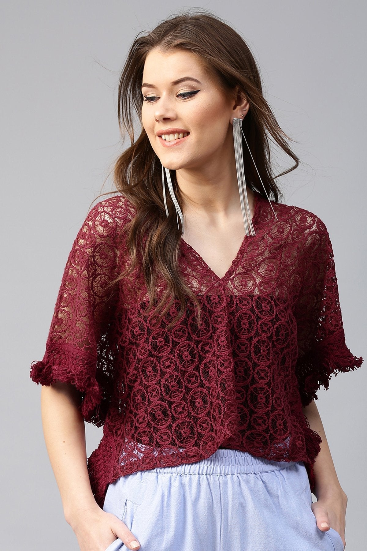 Women's Maroon Kimono Lace Crop Top - SASSAFRAS