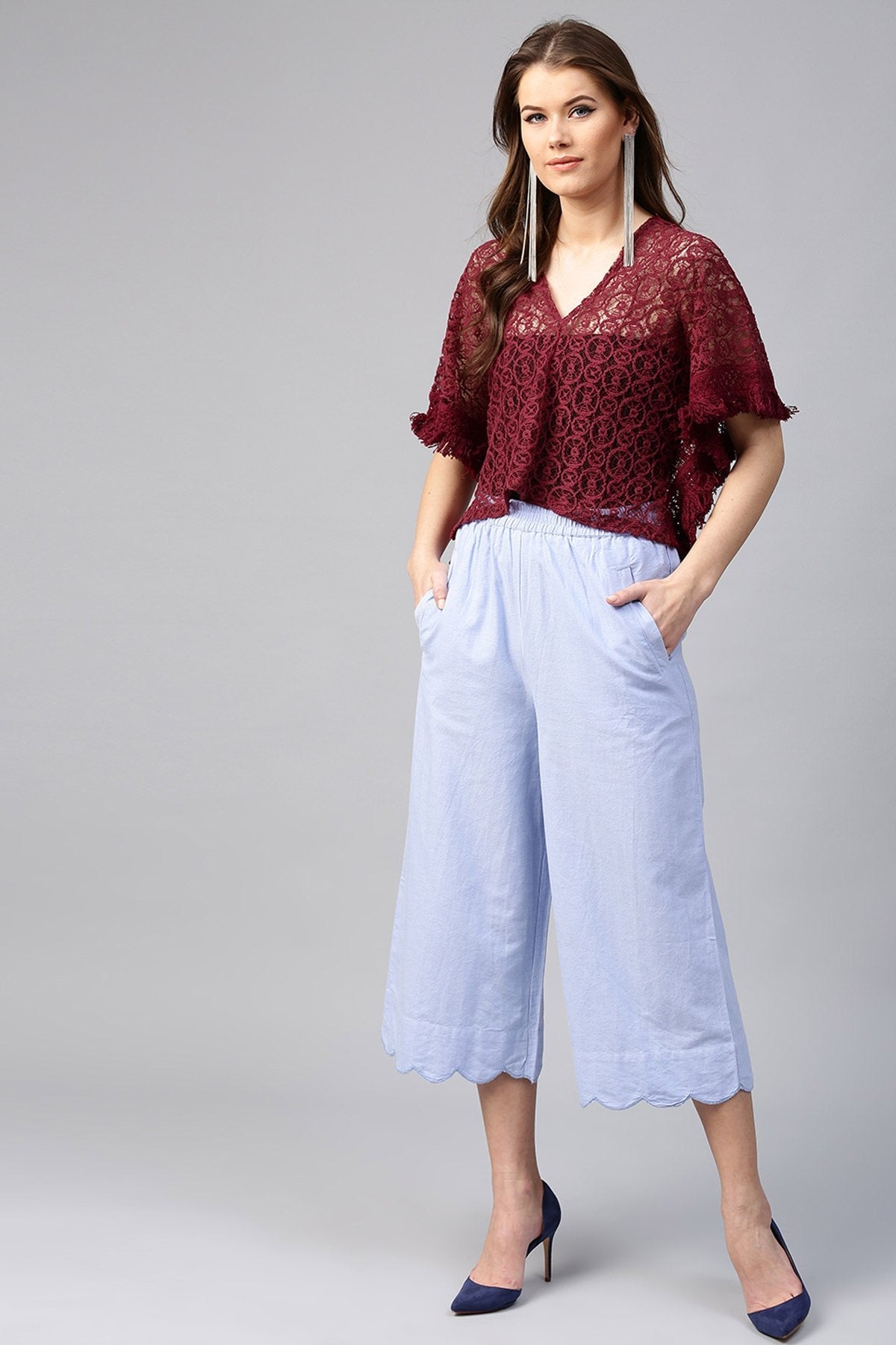 Women's Maroon Kimono Lace Crop Top - SASSAFRAS