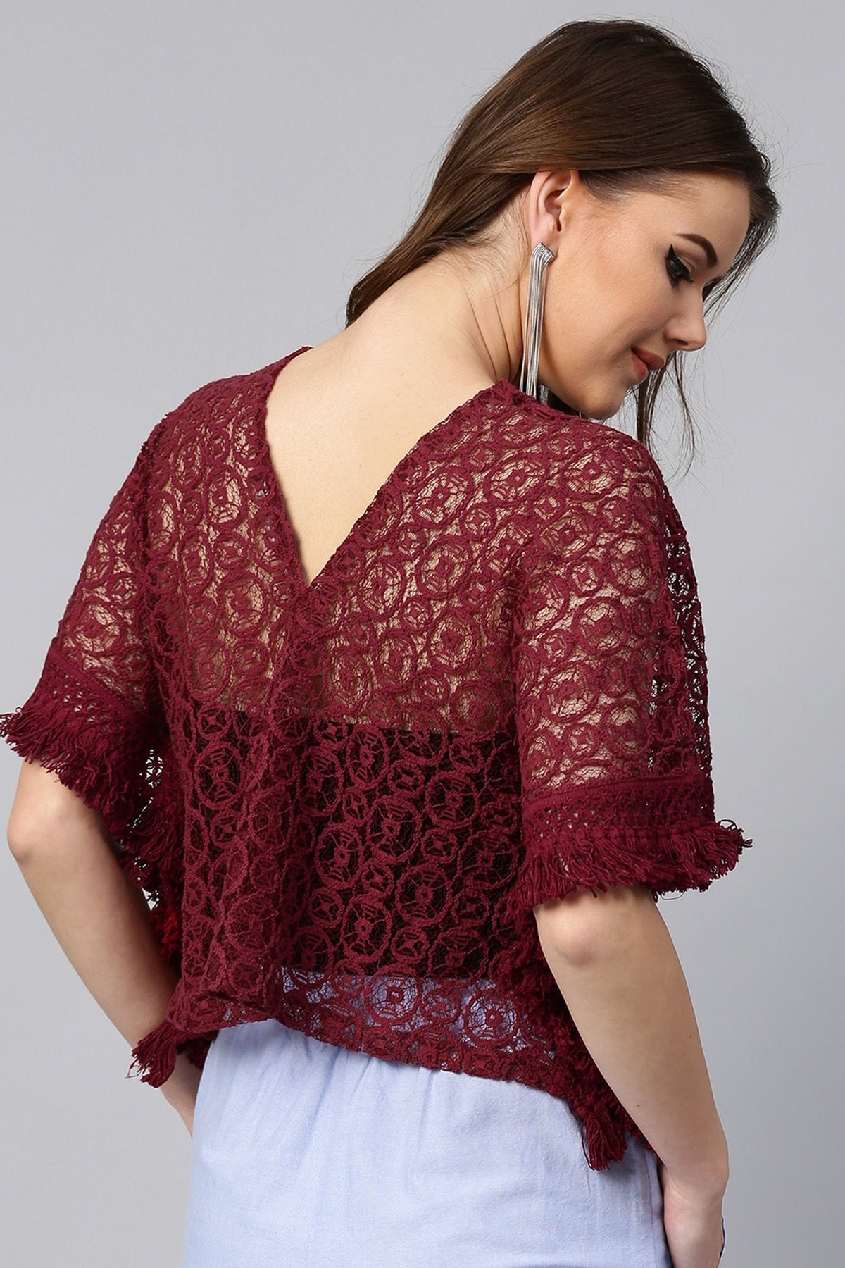 Women's Maroon Kimono Lace Crop Top - SASSAFRAS