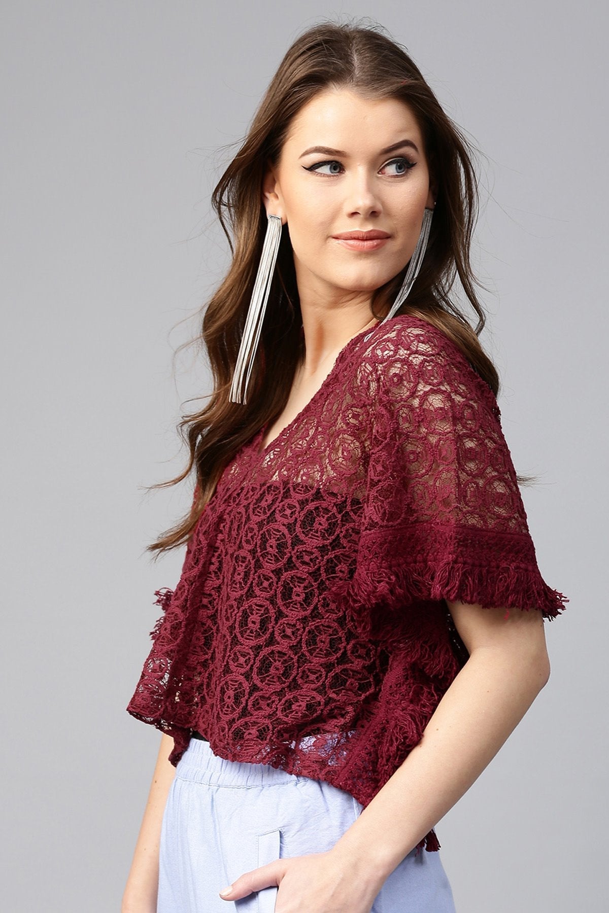 Women's Maroon Kimono Lace Crop Top - SASSAFRAS