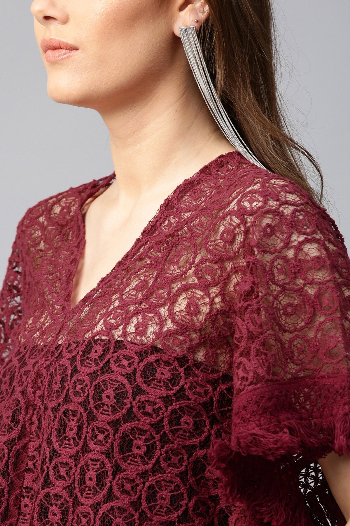 Women's Maroon Kimono Lace Crop Top - SASSAFRAS