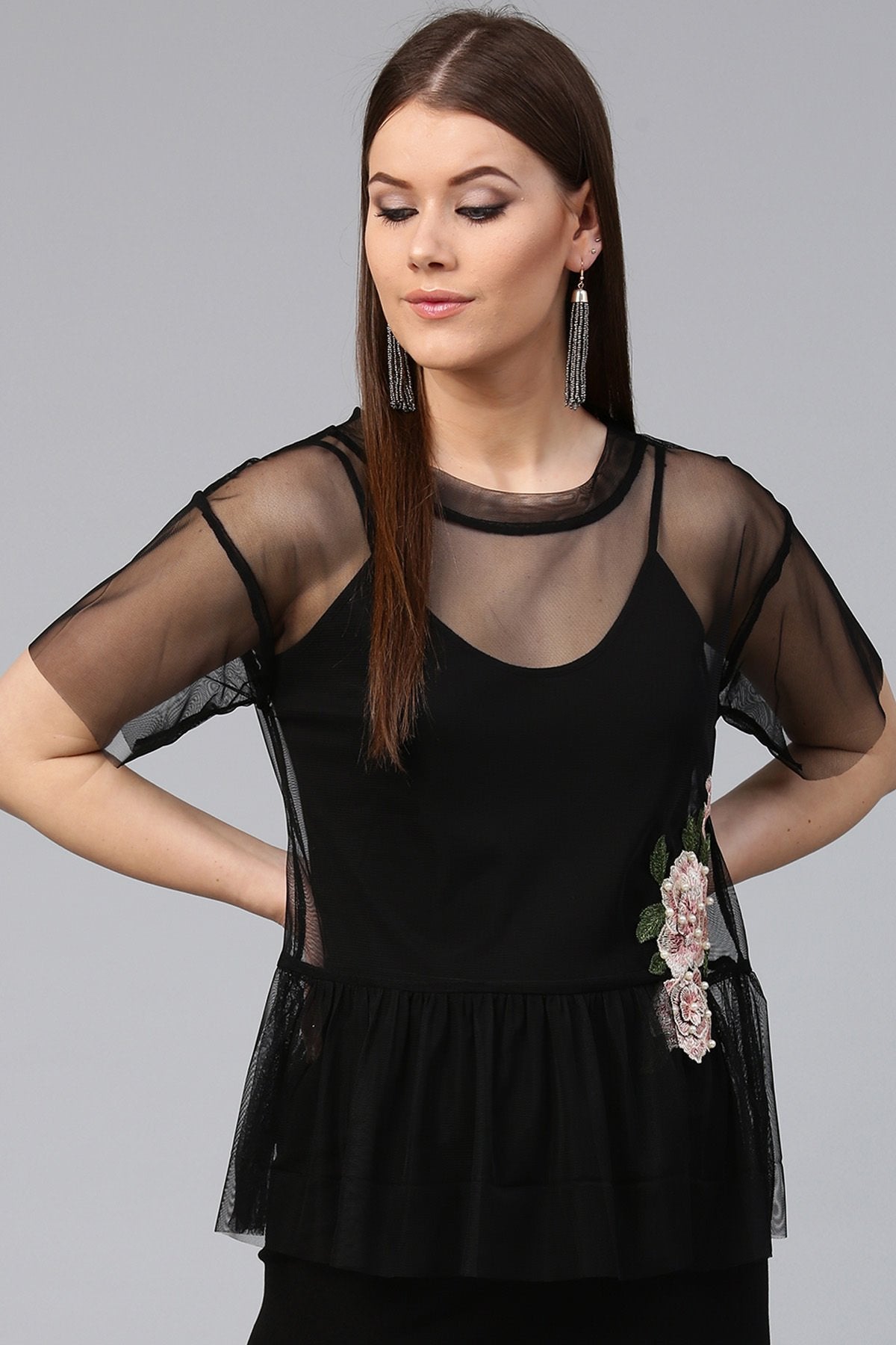 Women's Black Mesh Peplum Top - SASSAFRAS