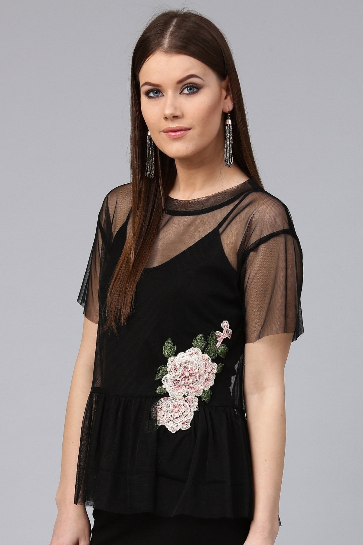 Women's Black Mesh Peplum Top - SASSAFRAS