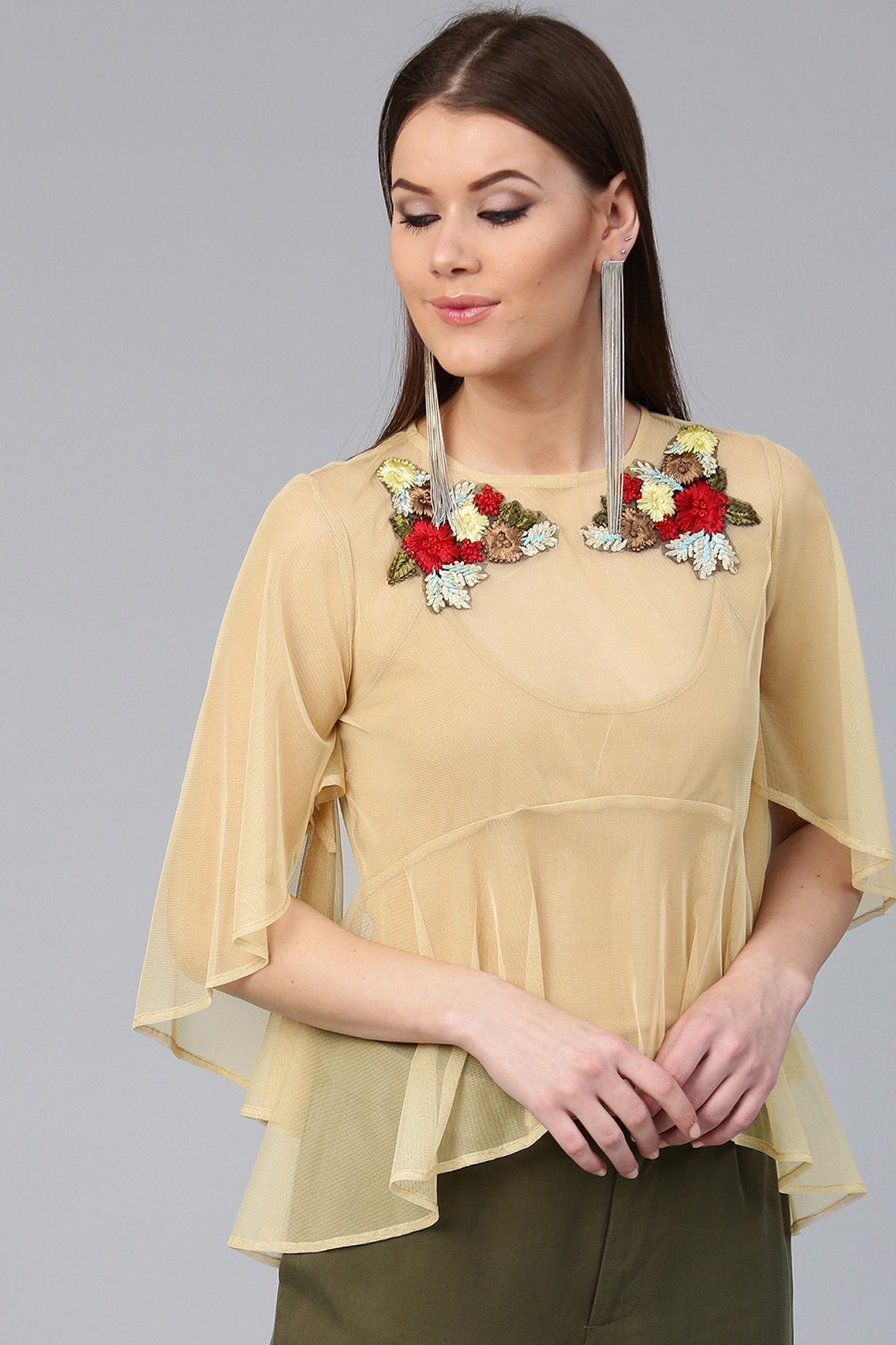 Women's Beige Mesh Flared Sleeve Top - SASSAFRAS