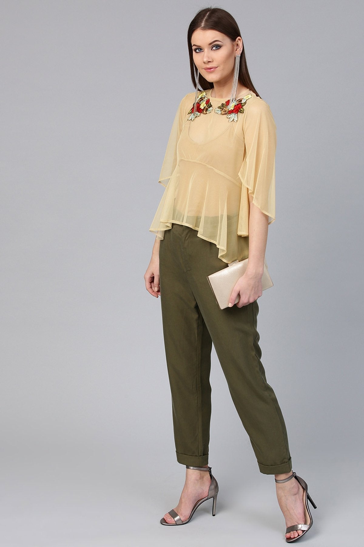 Women's Beige Mesh Flared Sleeve Top - SASSAFRAS