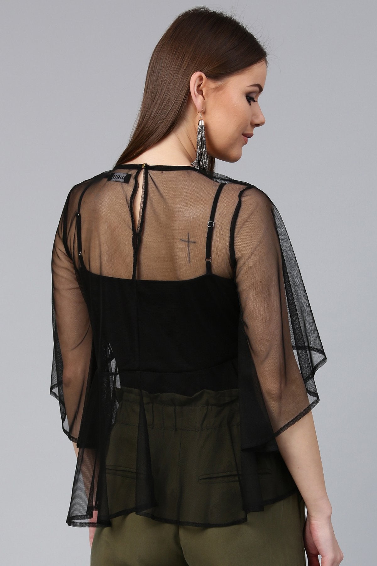 Women's Black Mesh Flared Sleeve Top - SASSAFRAS