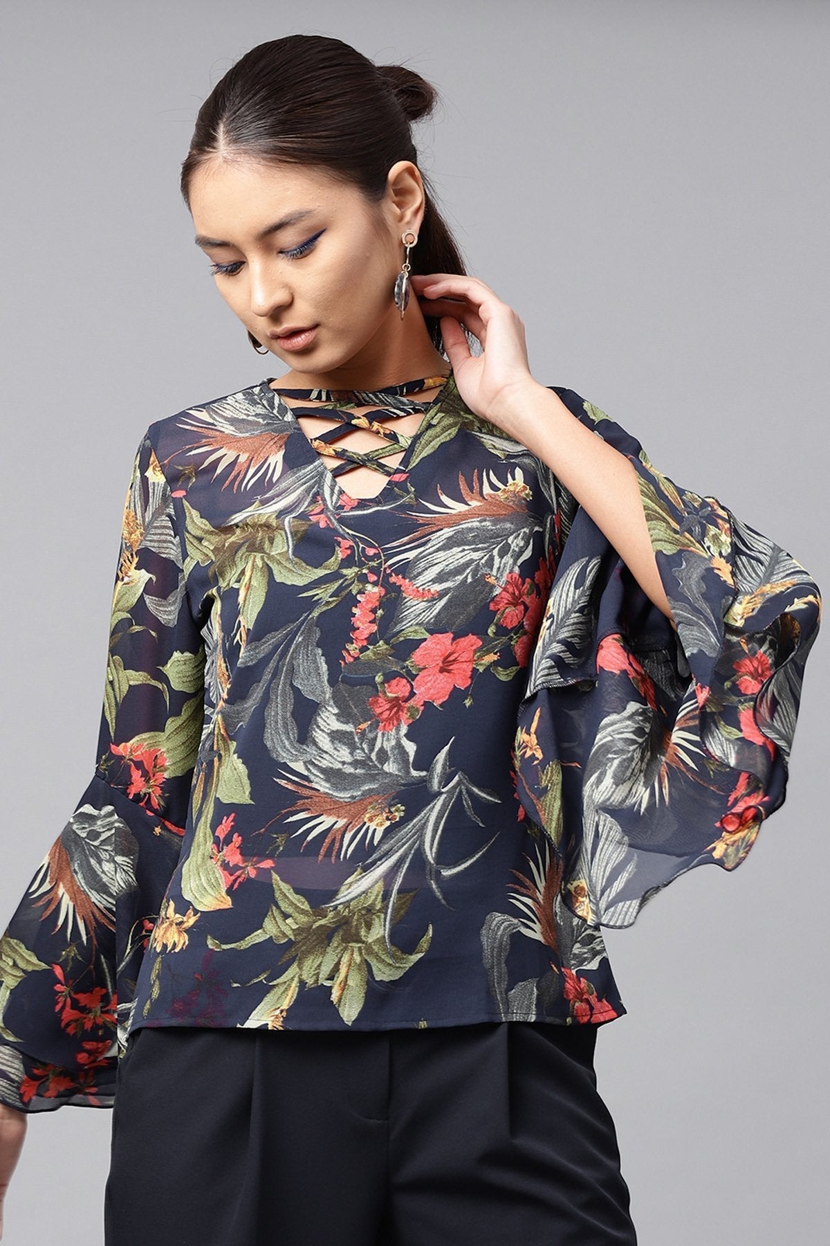 Women's Navy Tropical Bell Sleeves Top - SASSAFRAS