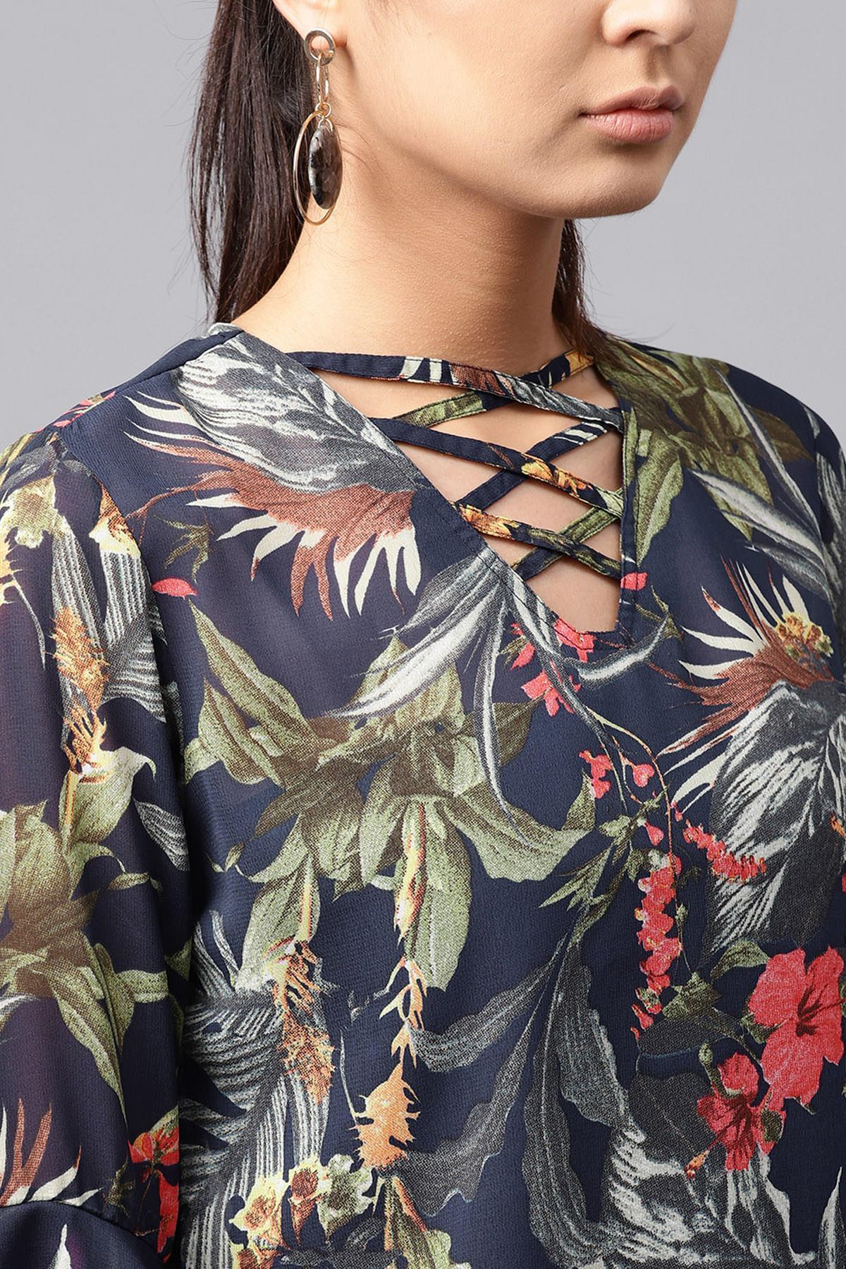 Women's Navy Tropical Bell Sleeves Top - SASSAFRAS