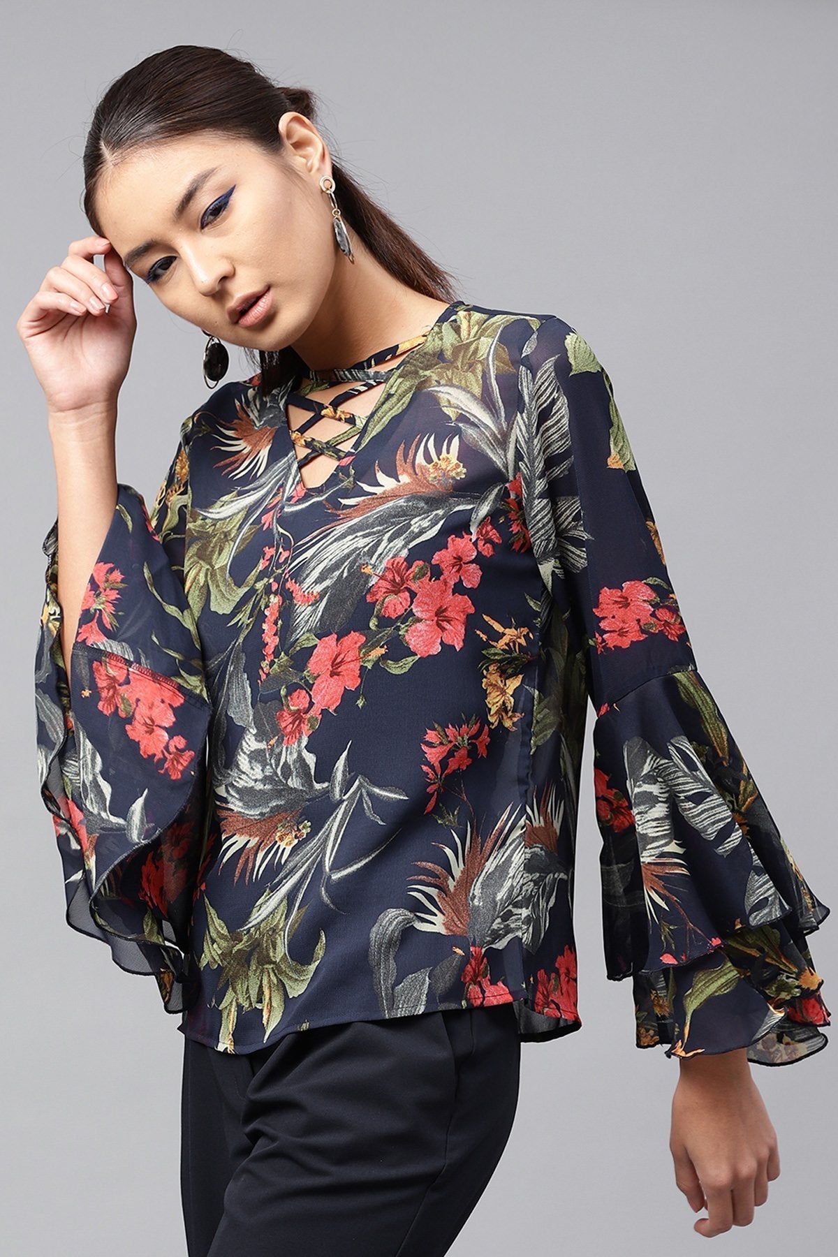 Women's Navy Tropical Bell Sleeves Top - SASSAFRAS