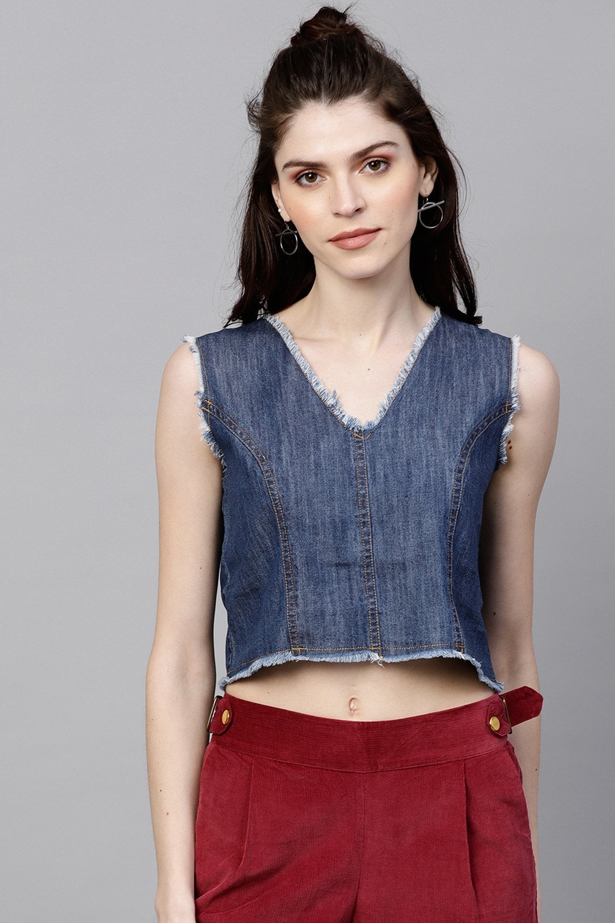 Women's Blue Denim Sleeveless Crop Top - SASSAFRAS