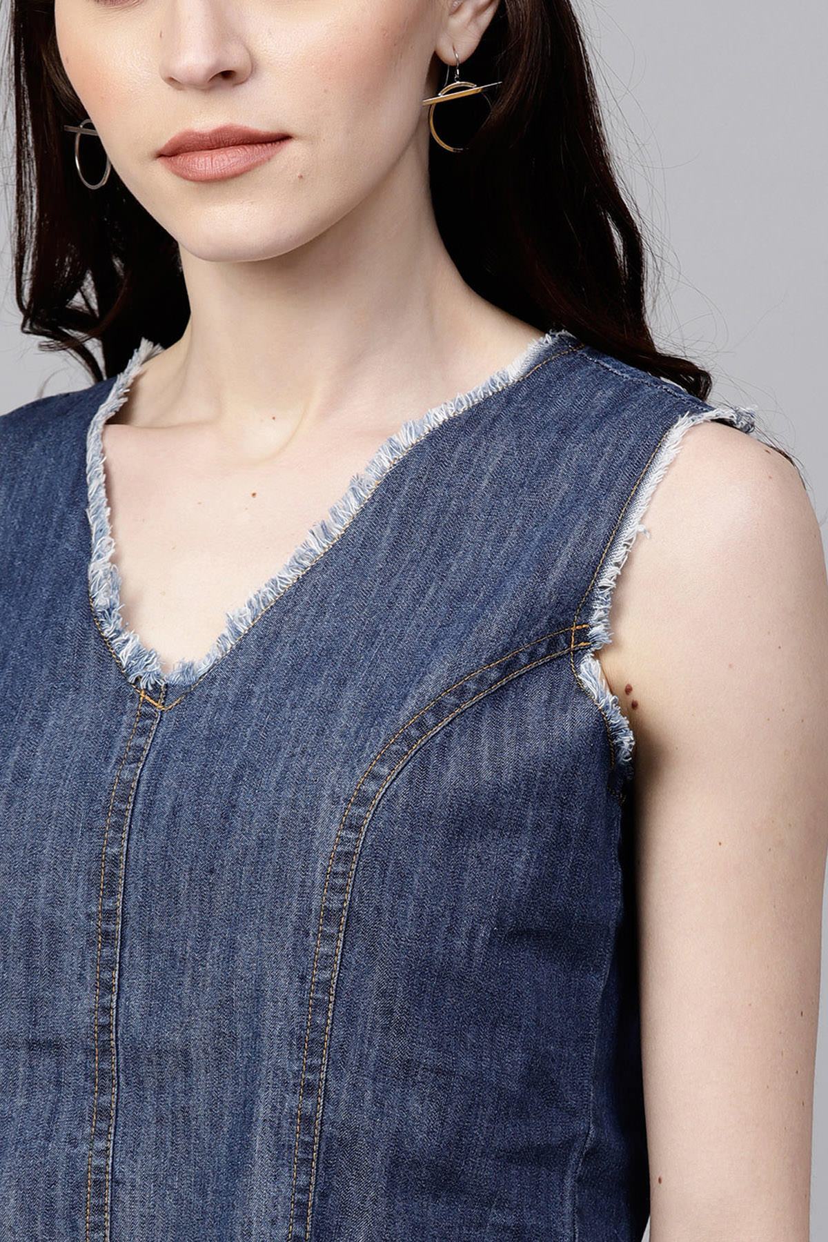 Women's Blue Denim Sleeveless Crop Top - SASSAFRAS