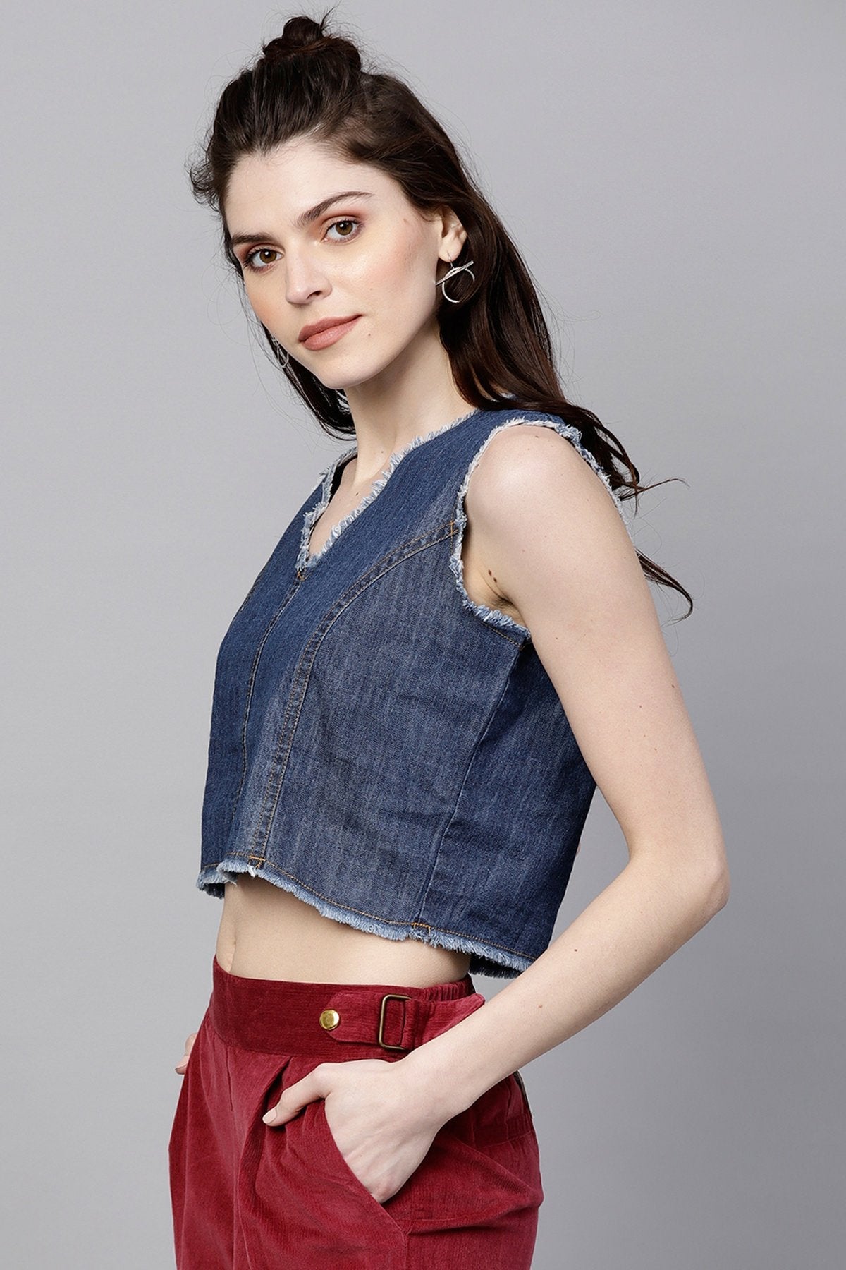 Women's Blue Denim Sleeveless Crop Top - SASSAFRAS