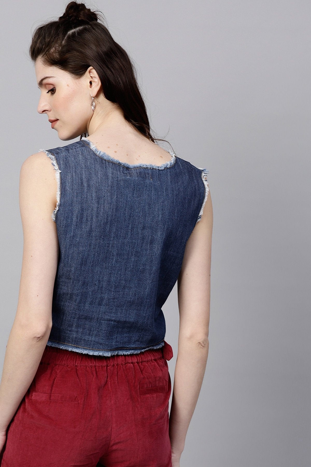 Women's Blue Denim Sleeveless Crop Top - SASSAFRAS