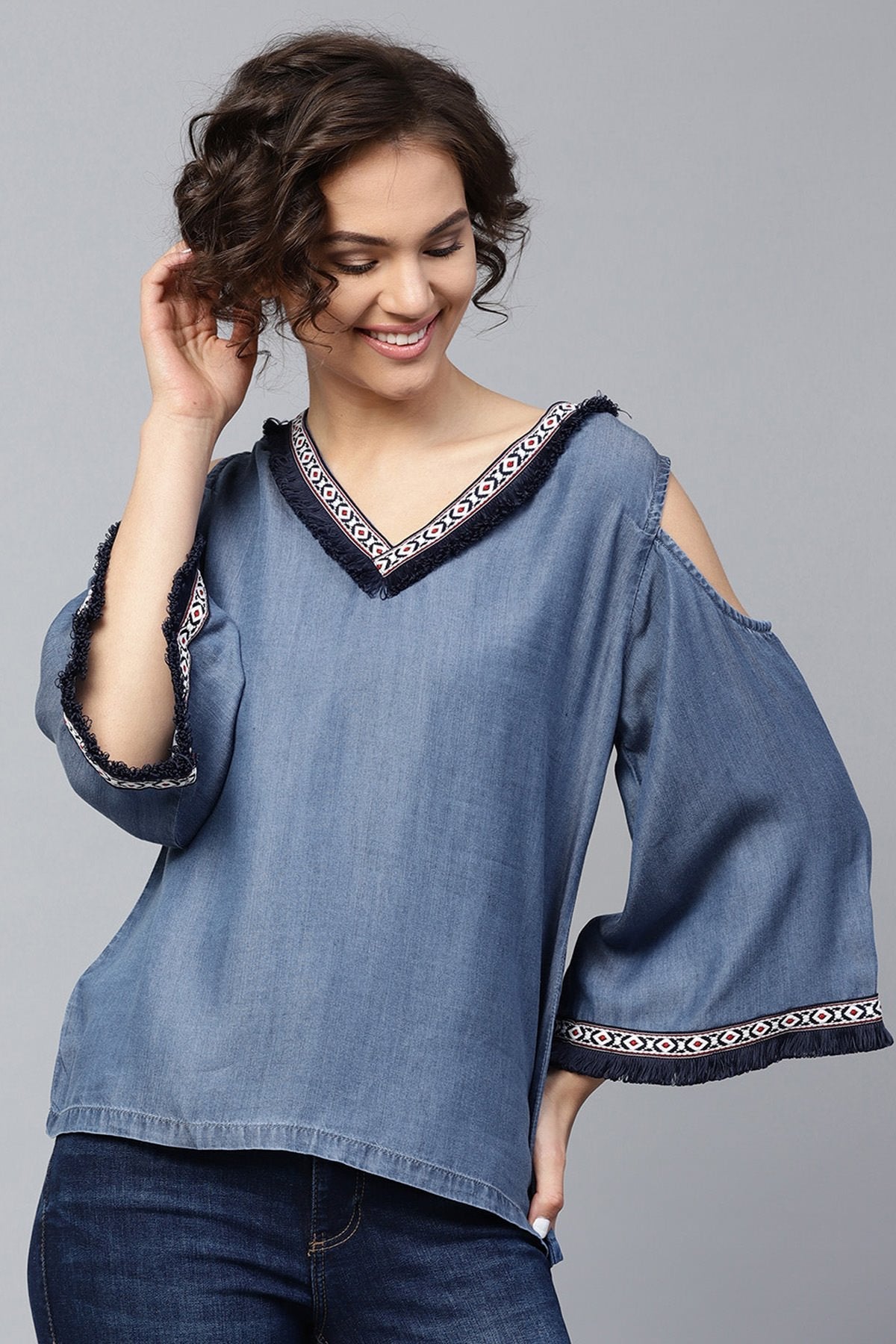 Women's Blue Denim Cold Shoulder Top - SASSAFRAS