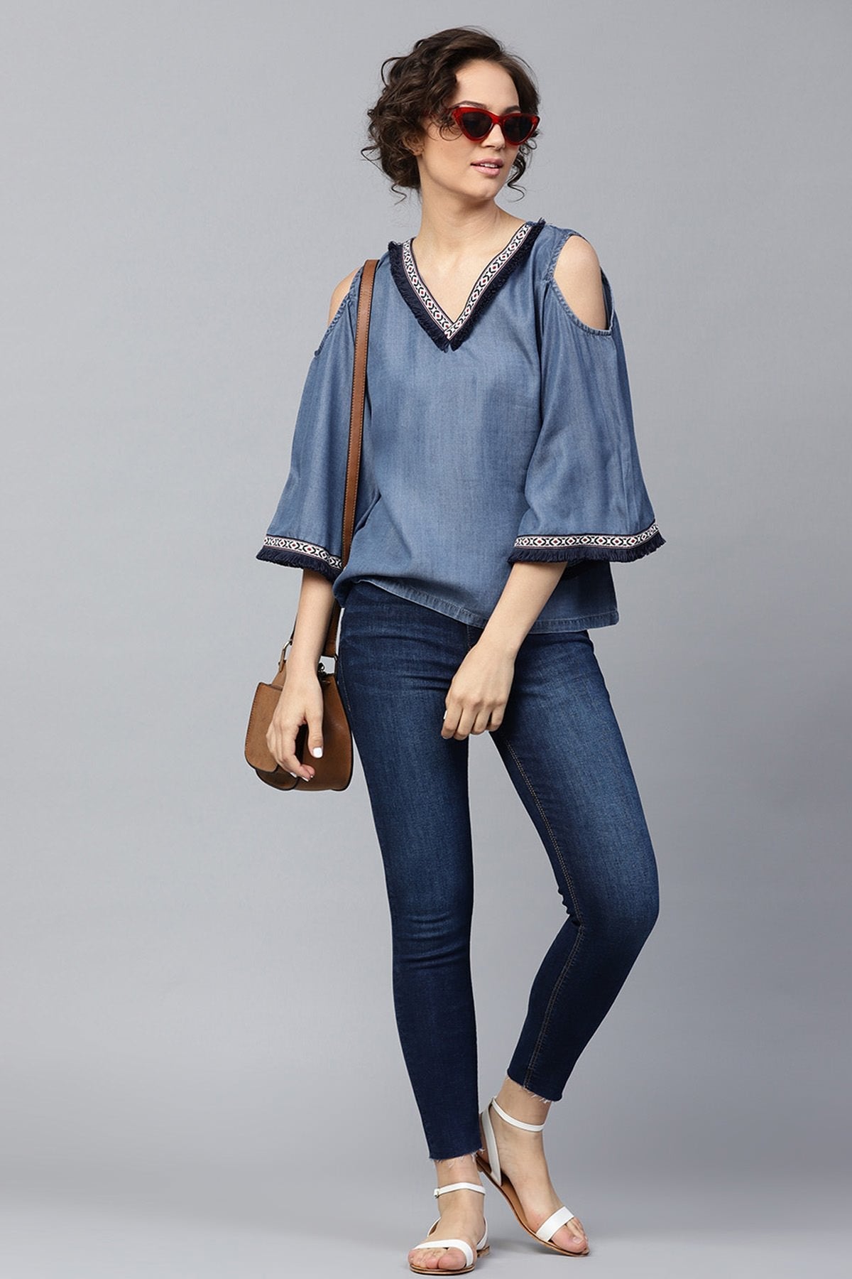 Women's Blue Denim Cold Shoulder Top - SASSAFRAS