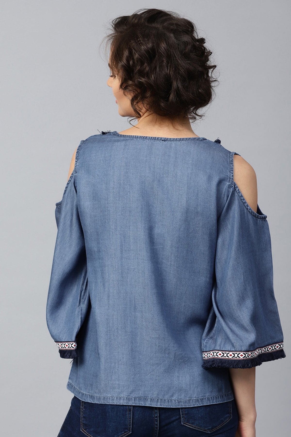 Women's Blue Denim Cold Shoulder Top - SASSAFRAS