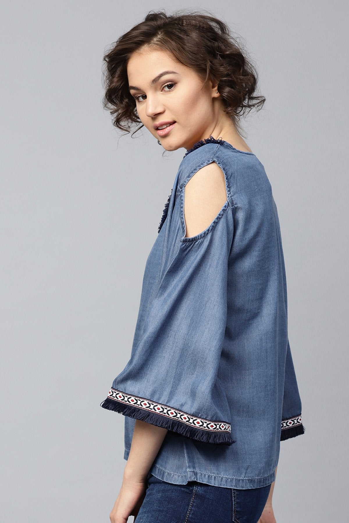 Women's Blue Denim Cold Shoulder Top - SASSAFRAS