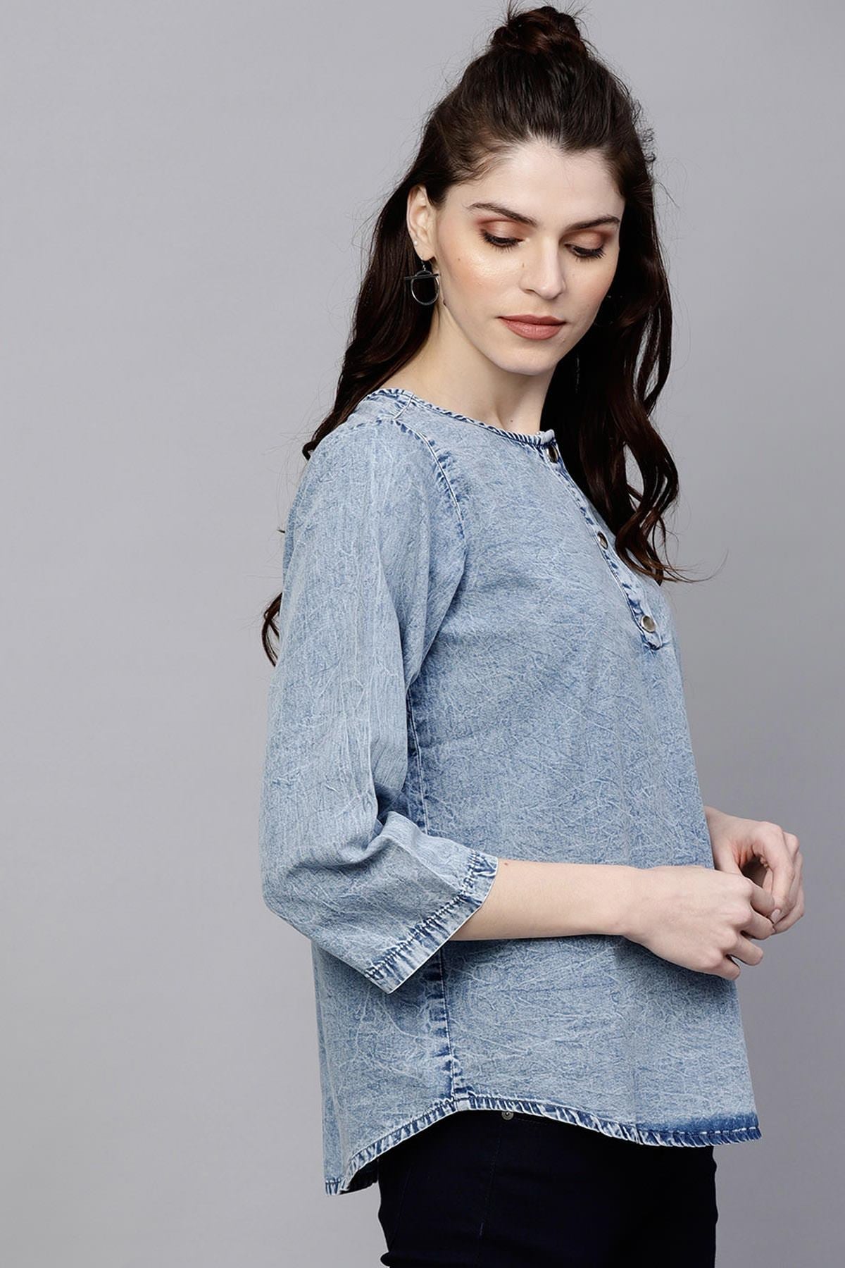 Women's Blue Denim Back Slit Top - SASSAFRAS