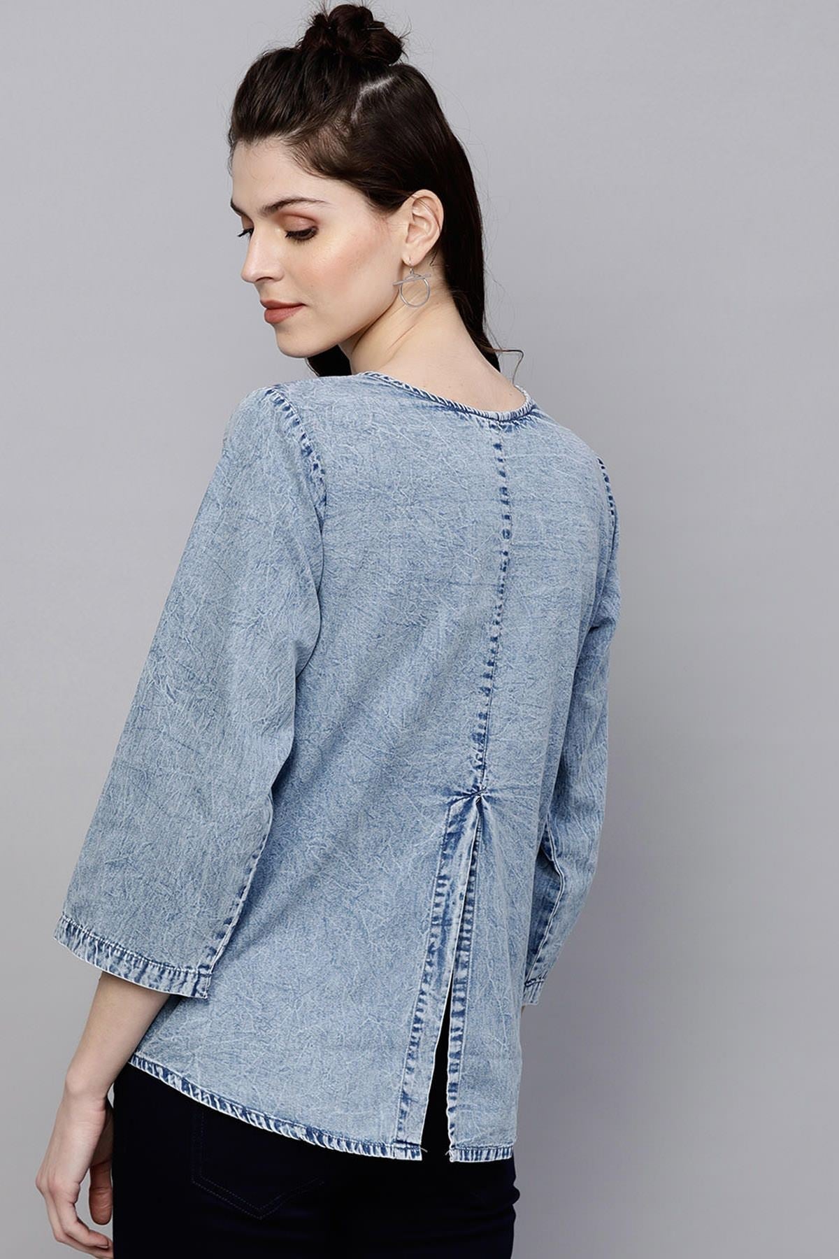 Women's Blue Denim Back Slit Top - SASSAFRAS