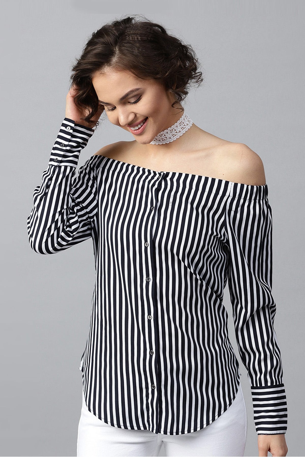 Women's Navy Striped Off Shoulder Shirt Top - SASSAFRAS