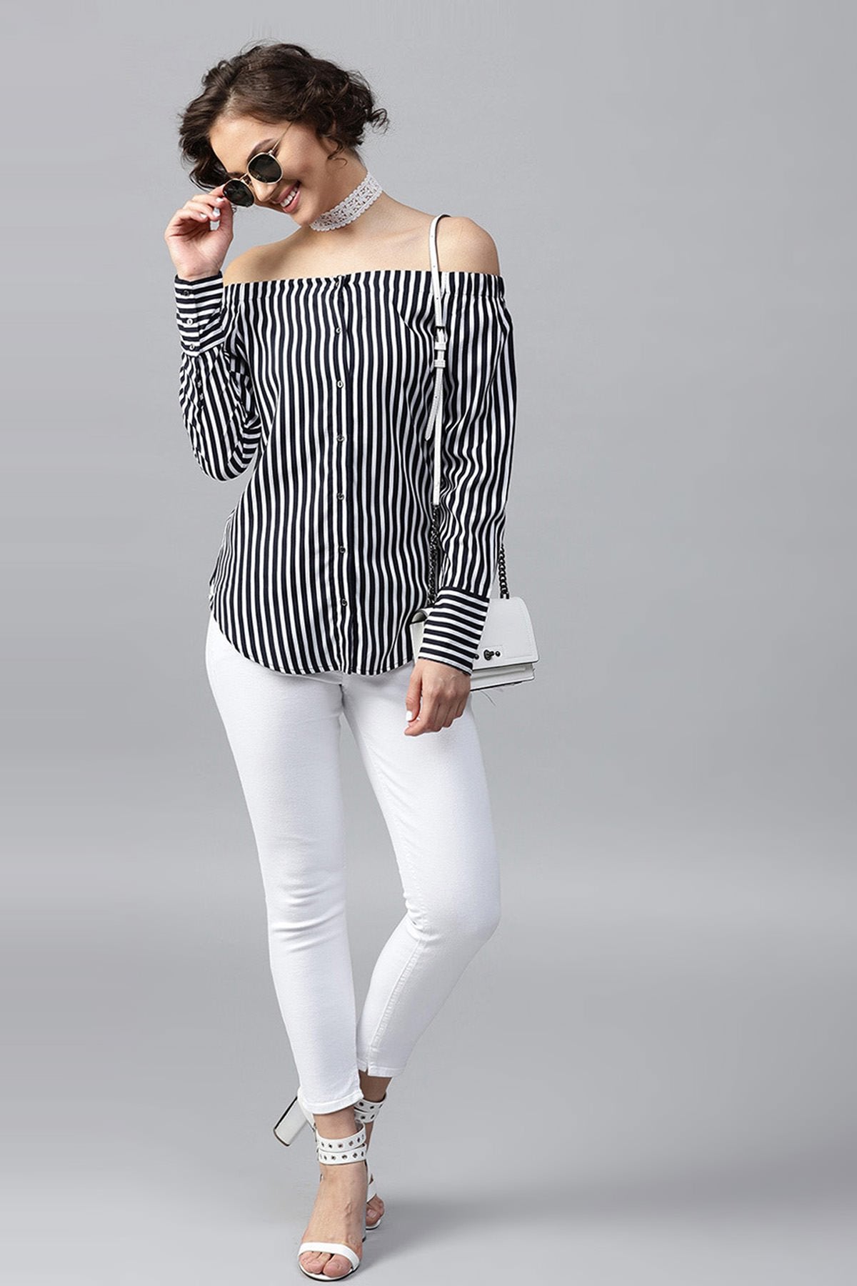 Women's Navy Striped Off Shoulder Shirt Top - SASSAFRAS