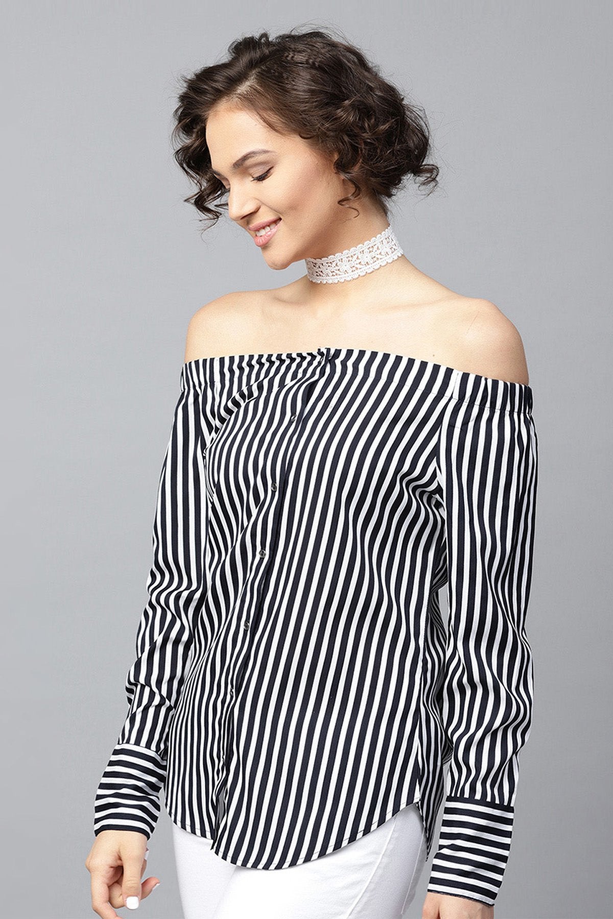 Women's Navy Striped Off Shoulder Shirt Top - SASSAFRAS