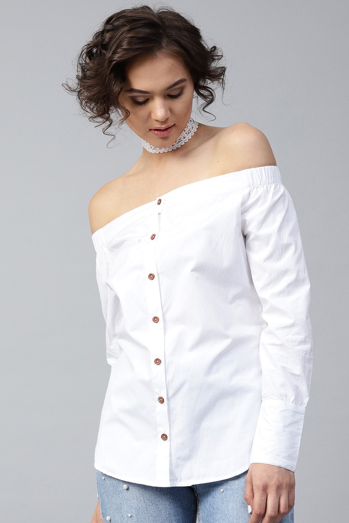 Women's White Off Shoulder Shirt Top - SASSAFRAS