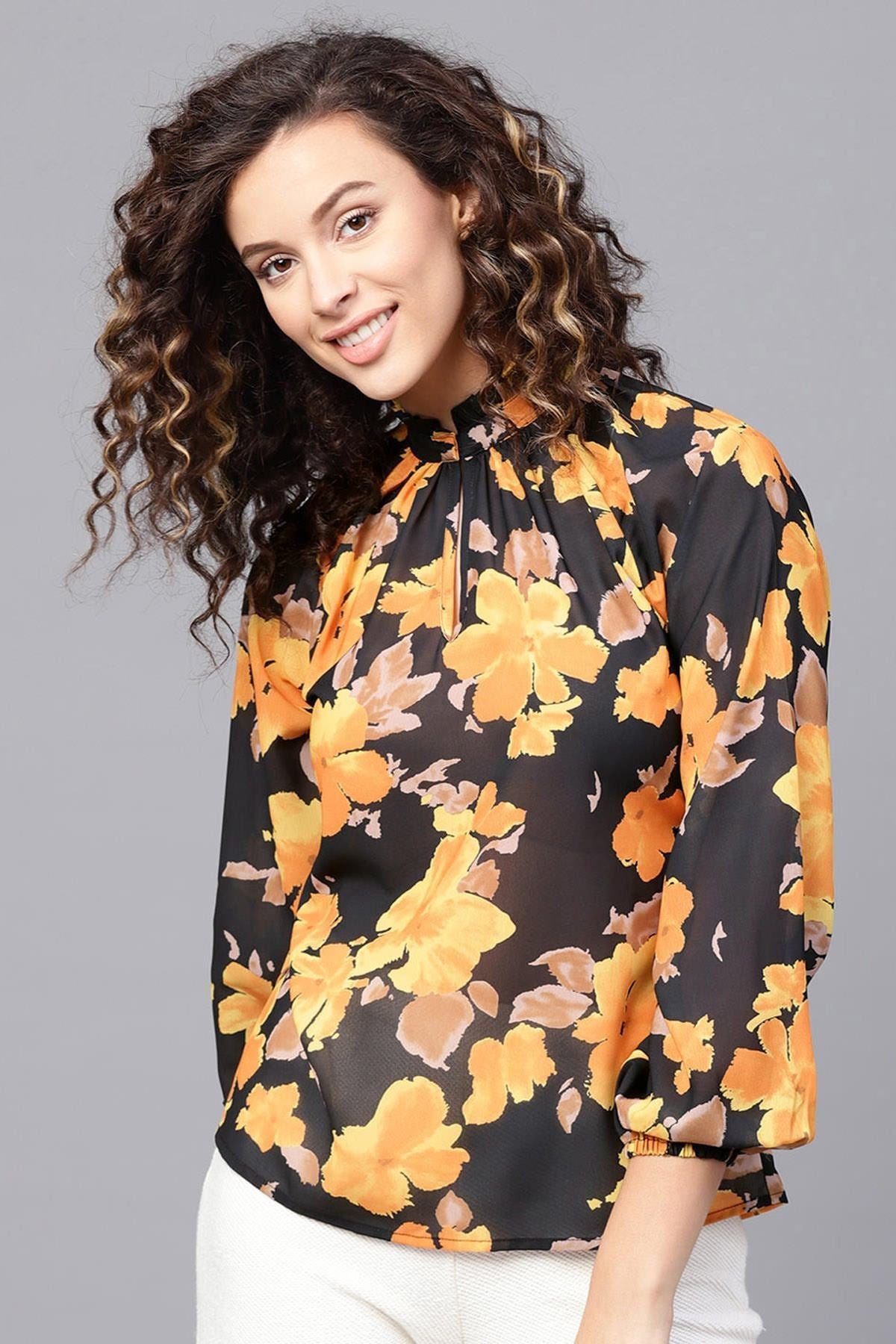 Women's Yellow Floral Pleated Collar Top - SASSAFRAS