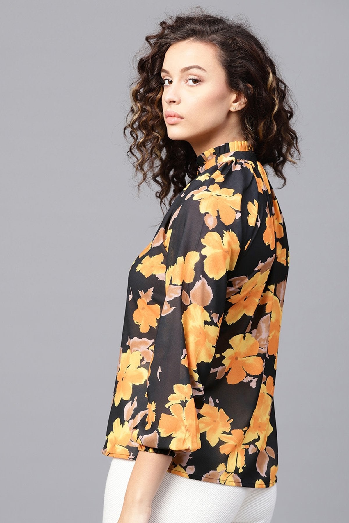 Women's Yellow Floral Pleated Collar Top - SASSAFRAS