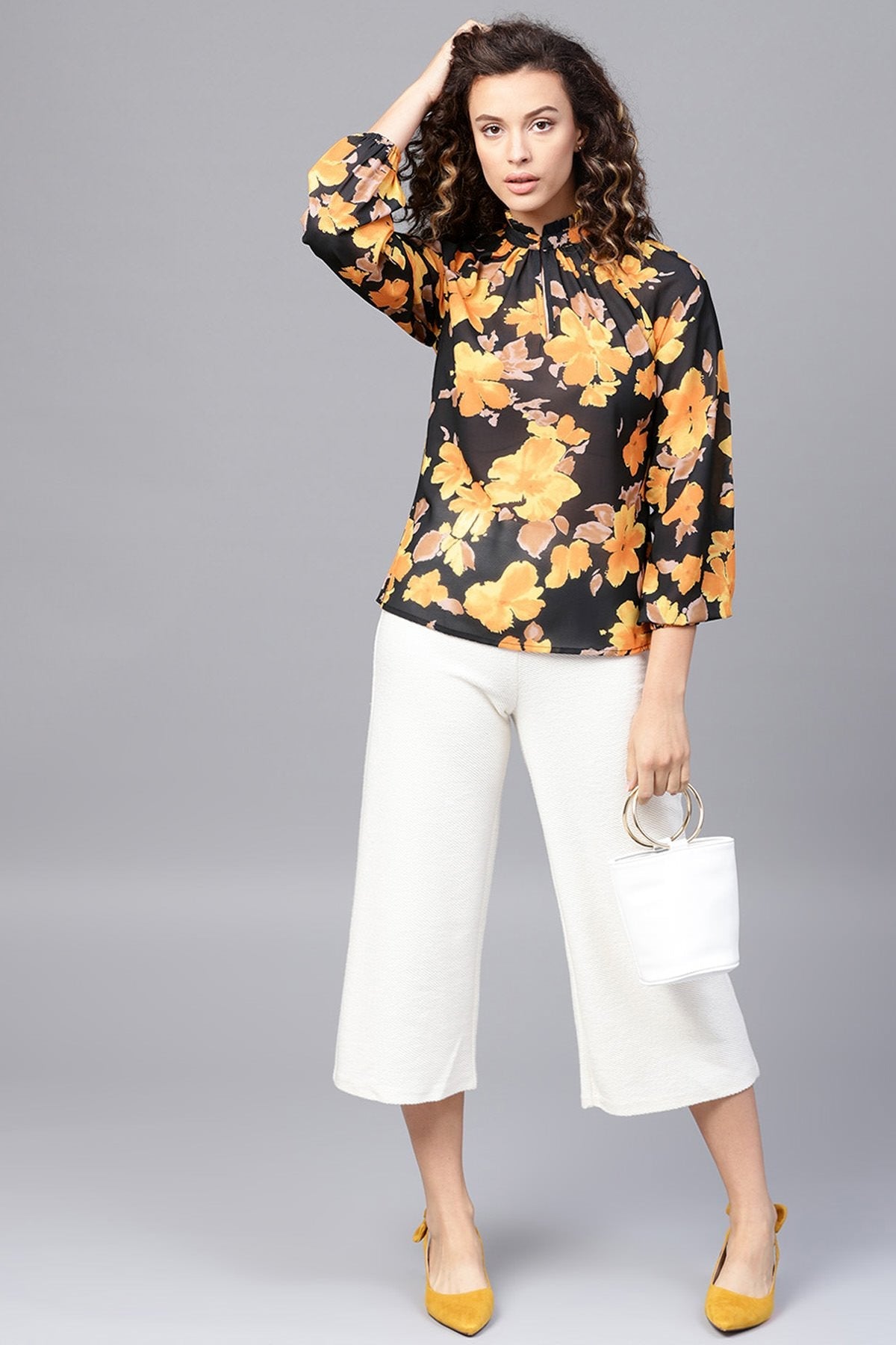 Women's Yellow Floral Pleated Collar Top - SASSAFRAS