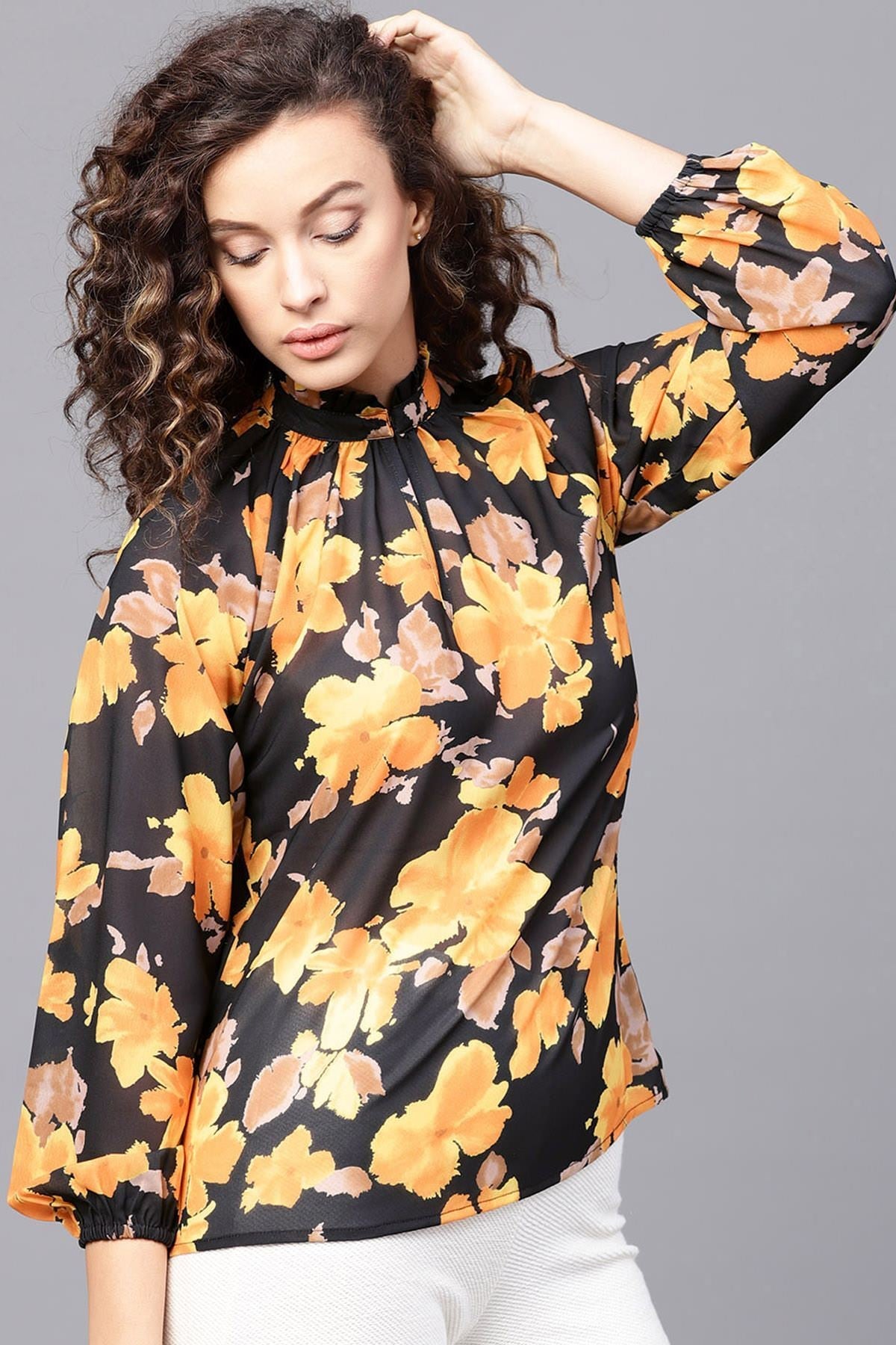 Women's Yellow Floral Pleated Collar Top - SASSAFRAS