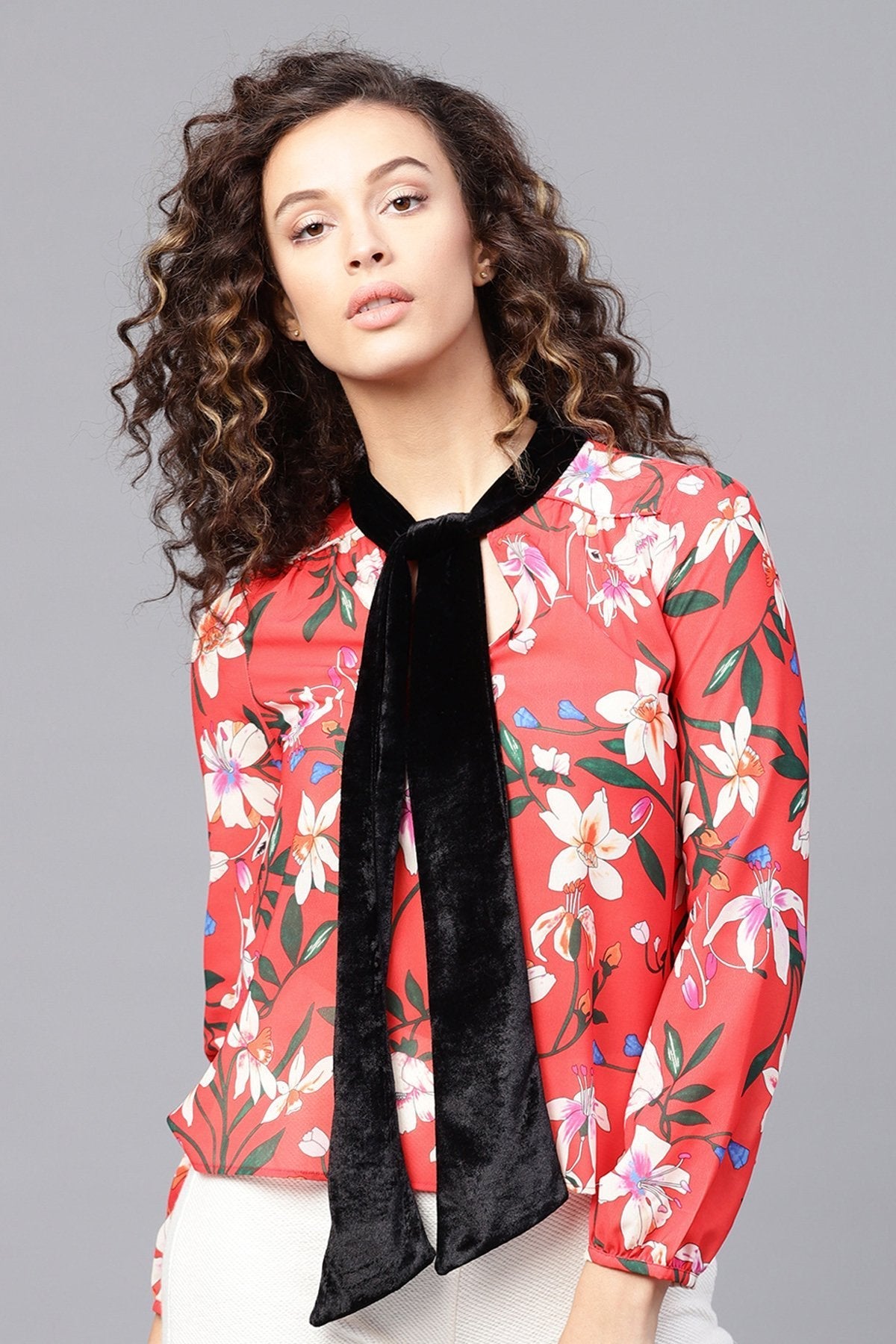 Women's Red Floral Blouse With Velvet Neck Tie - SHAE