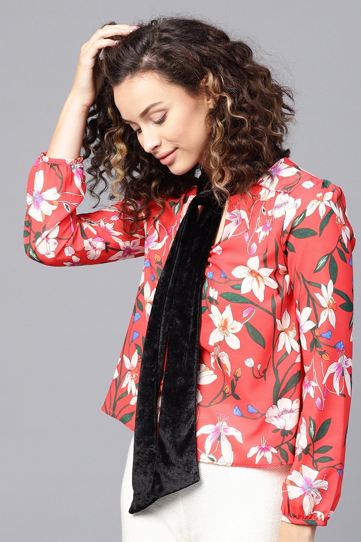 Women's Red Floral Blouse With Velvet Neck Tie - SHAE