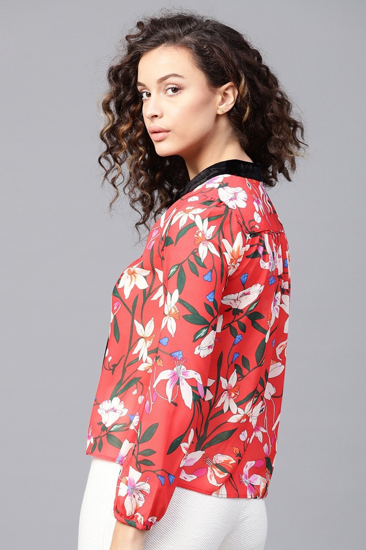 Women's Red Floral Blouse With Velvet Neck Tie - SHAE