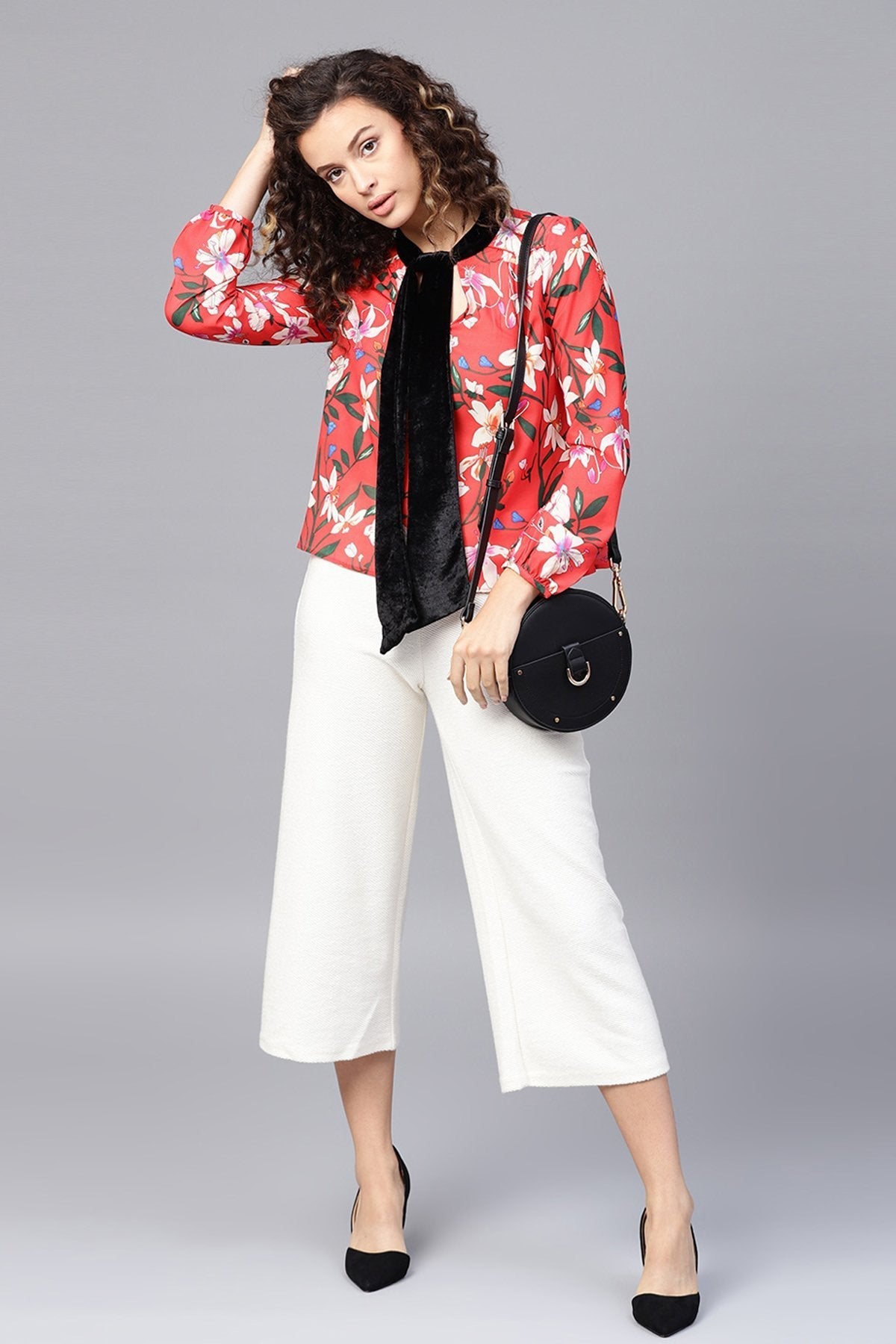 Women's Red Floral Blouse With Velvet Neck Tie - SHAE