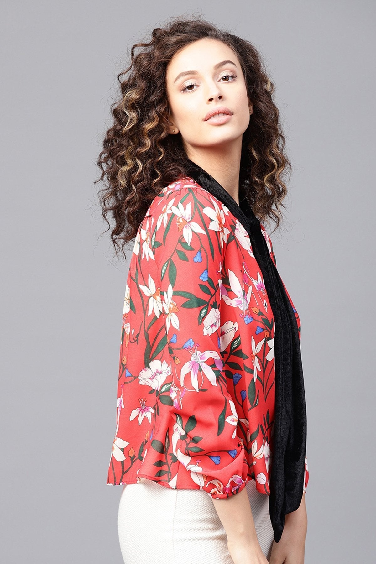 Women's Red Floral Blouse With Velvet Neck Tie - SHAE