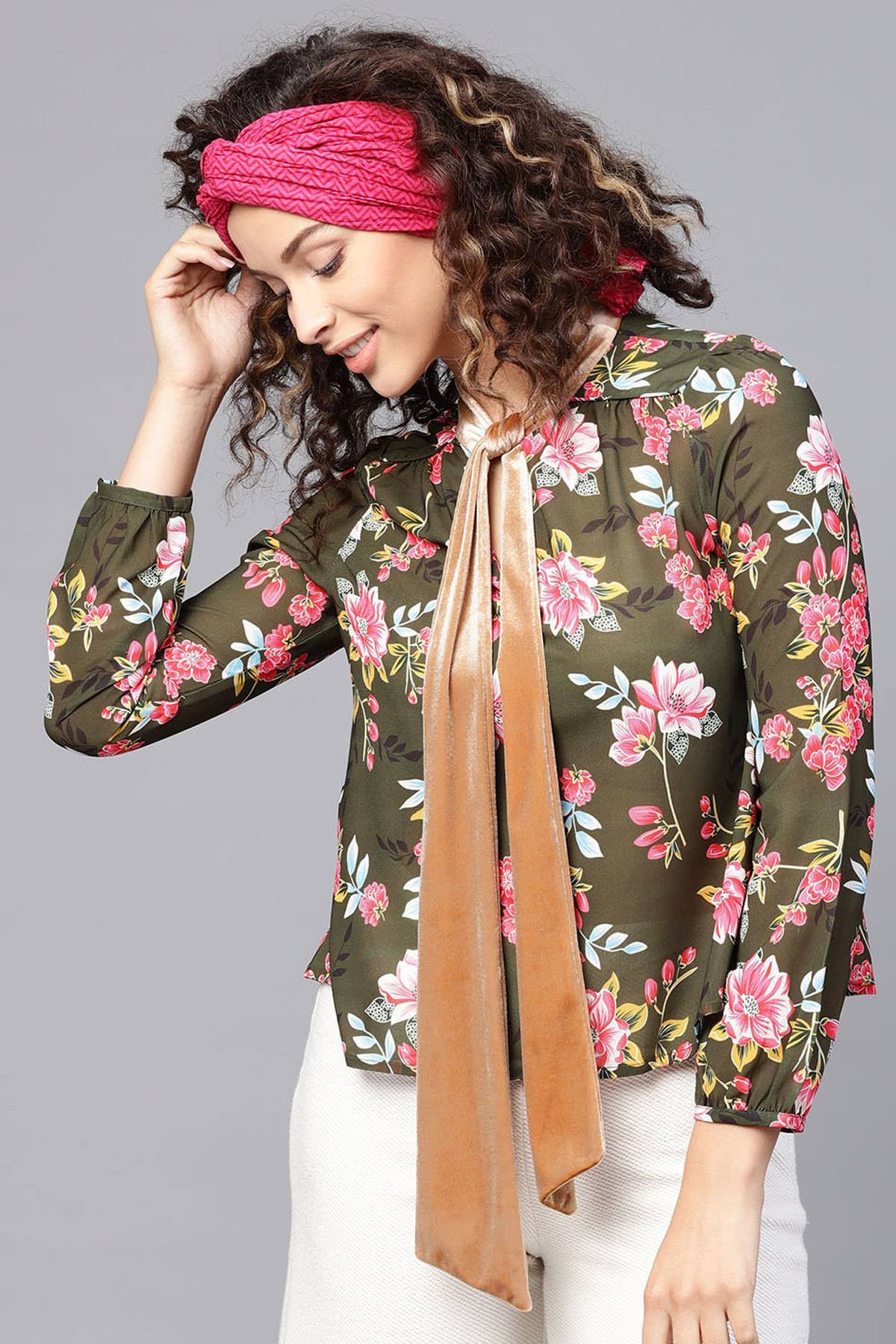 Women's Olive Floral Blouse With Velvet Neck Tie - SHAE