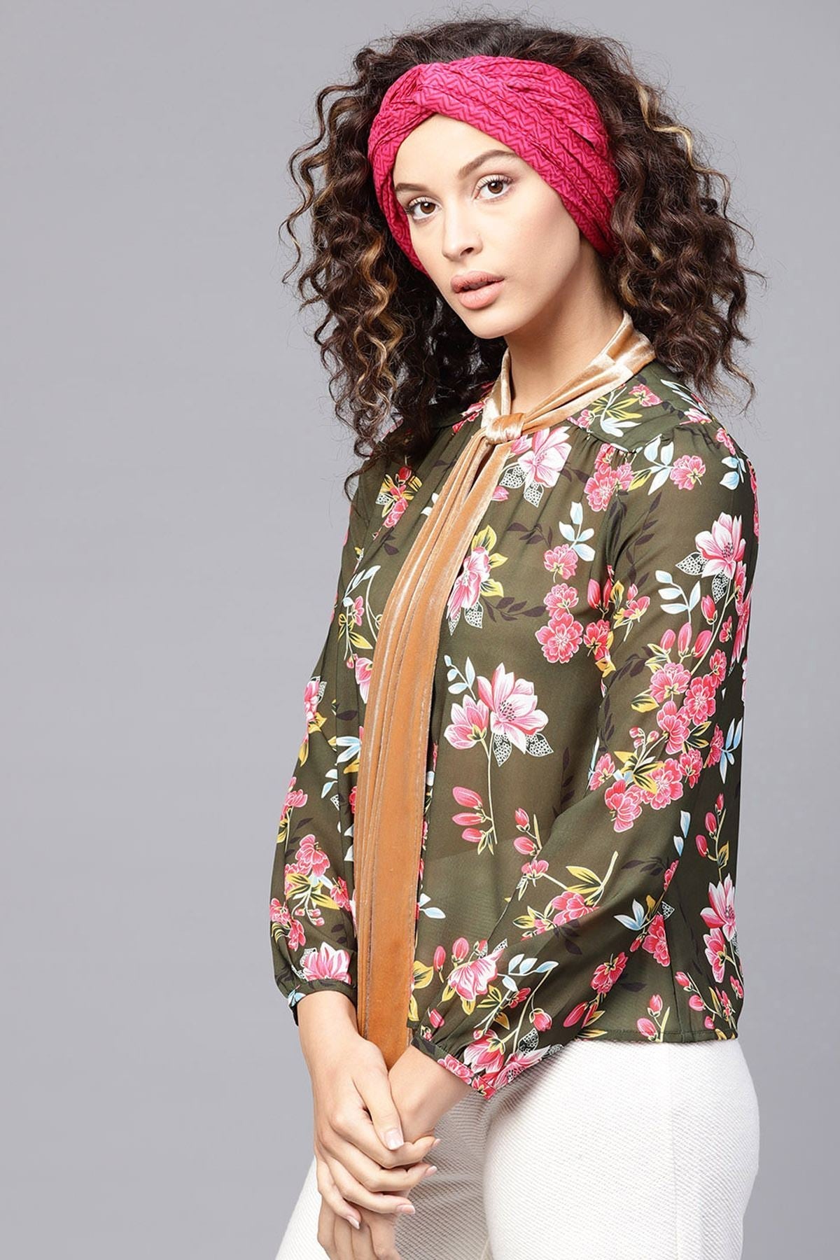 Women's Olive Floral Blouse With Velvet Neck Tie - SHAE