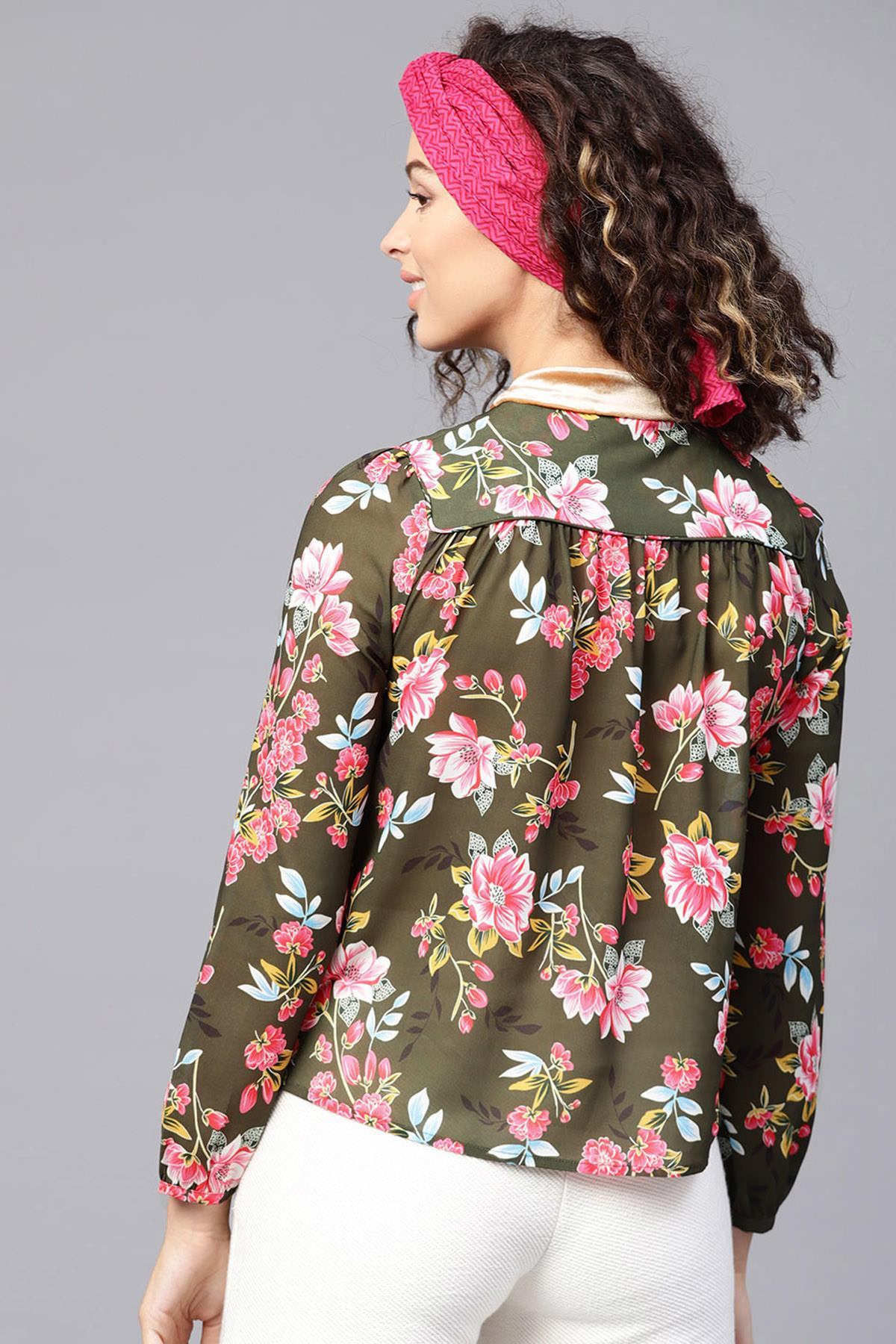 Women's Olive Floral Blouse With Velvet Neck Tie - SHAE