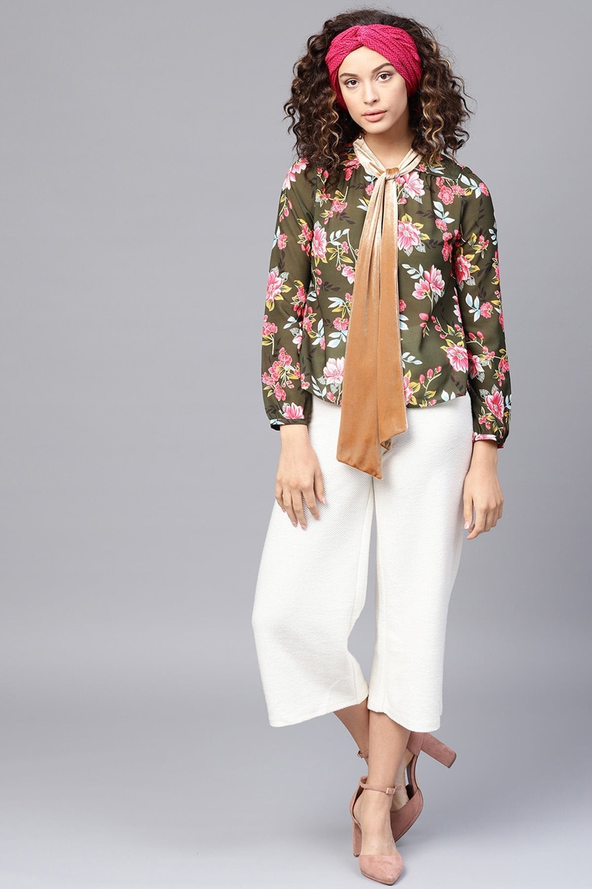 Women's Olive Floral Blouse With Velvet Neck Tie - SHAE