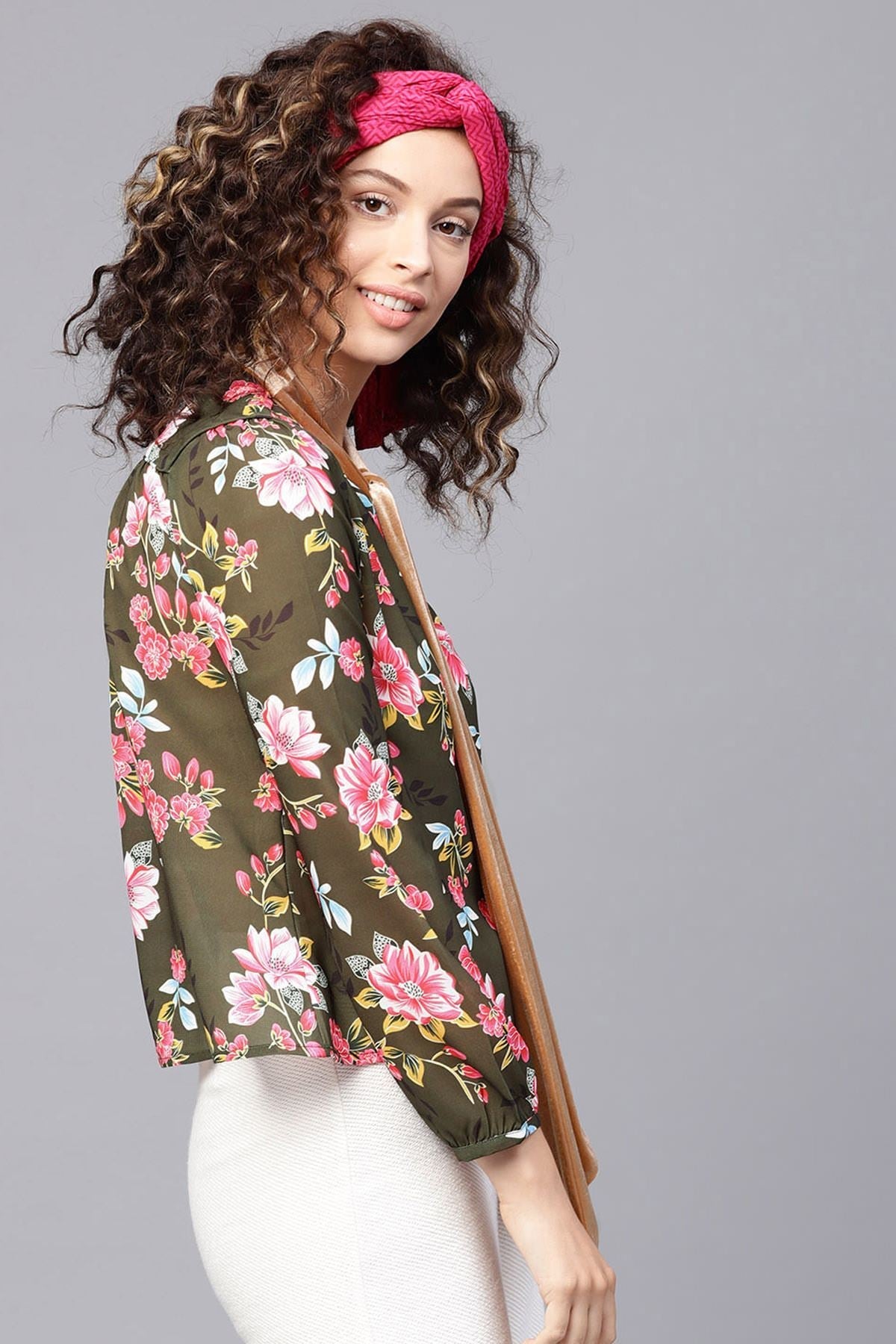 Women's Olive Floral Blouse With Velvet Neck Tie - SHAE