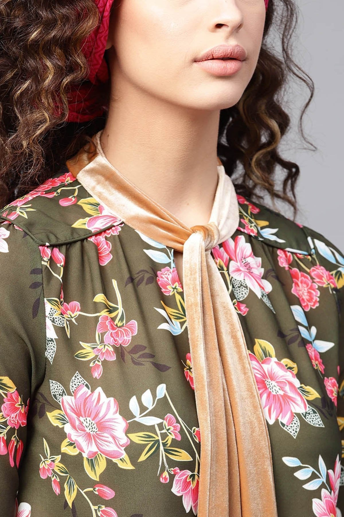 Women's Olive Floral Blouse With Velvet Neck Tie - SHAE