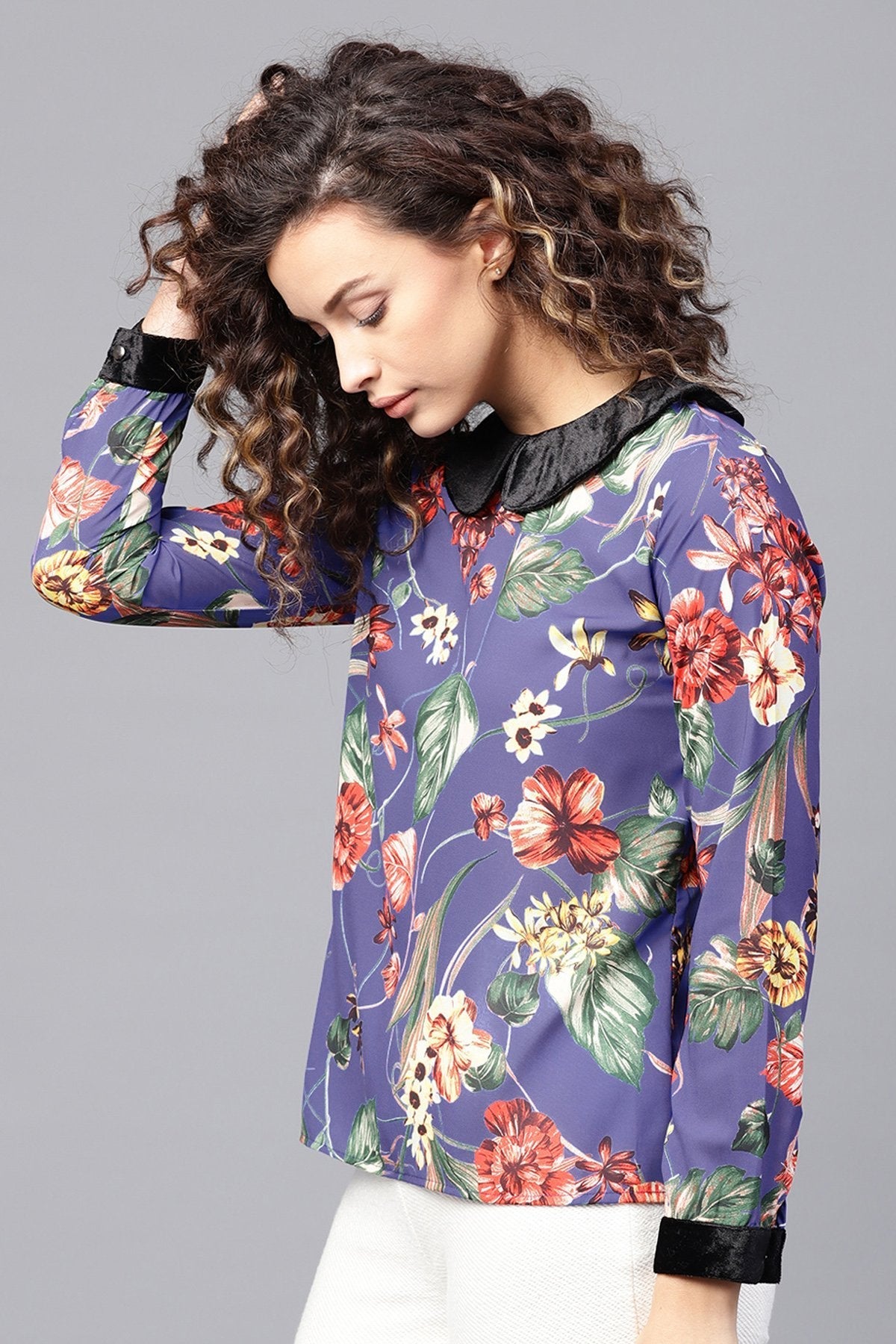 Women's Blue Floral Peterpan Top - SASSAFRAS